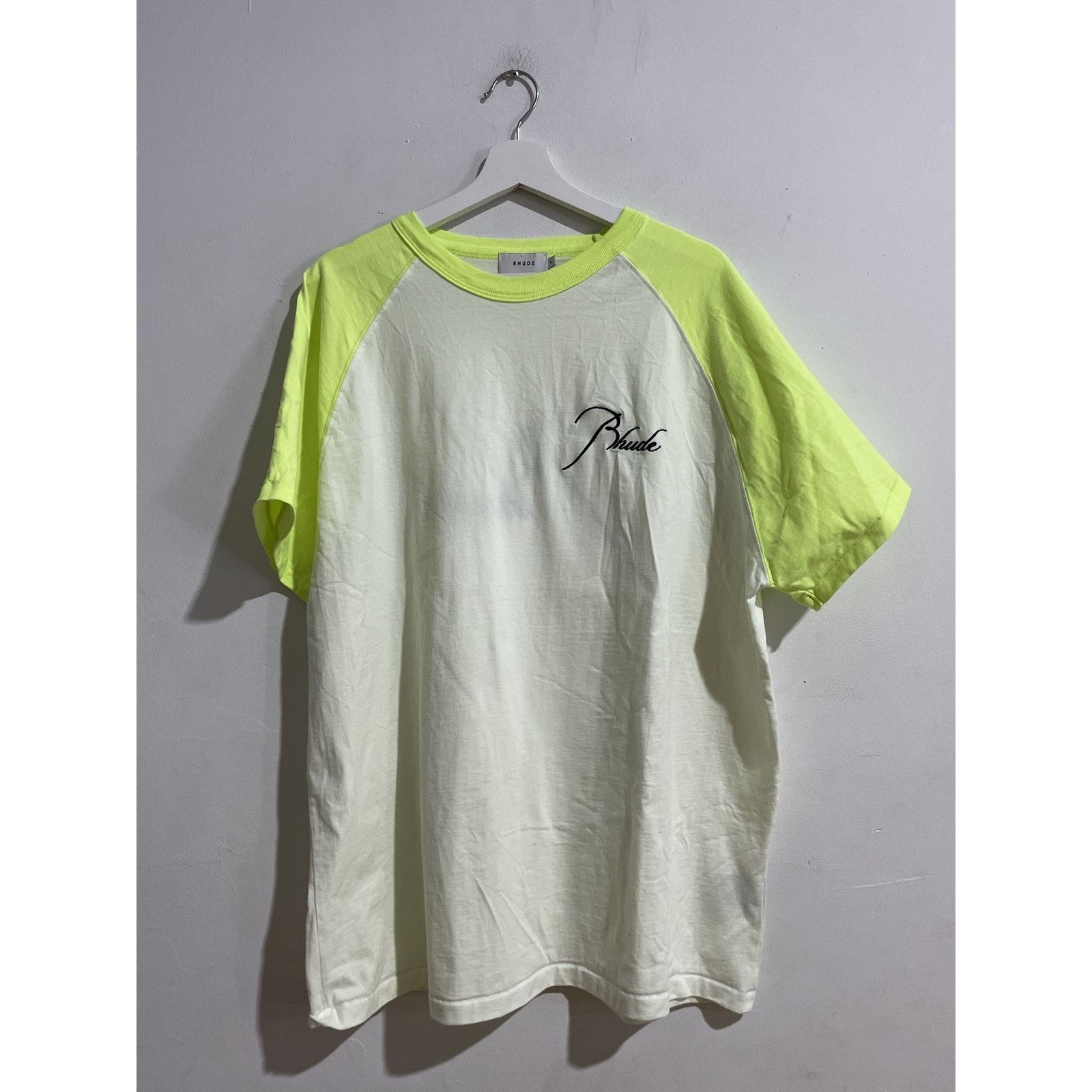 RHUDE LOGO EMBROIDERED NEON YELLOW TEE SIZE XL PREOWNED