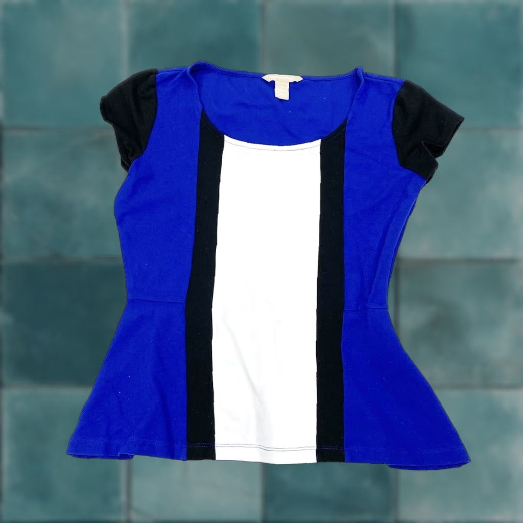 Banana Republic Banana Republic Shirt Womens 2 Blue Black White Fit and Flare Top Color Block Short Sleeve Scoop Neck Blouse Womens Colorful Hip Length Dry-clean Only Size XS / US 0-2 / IT 36-38 - 1 Thumbnail