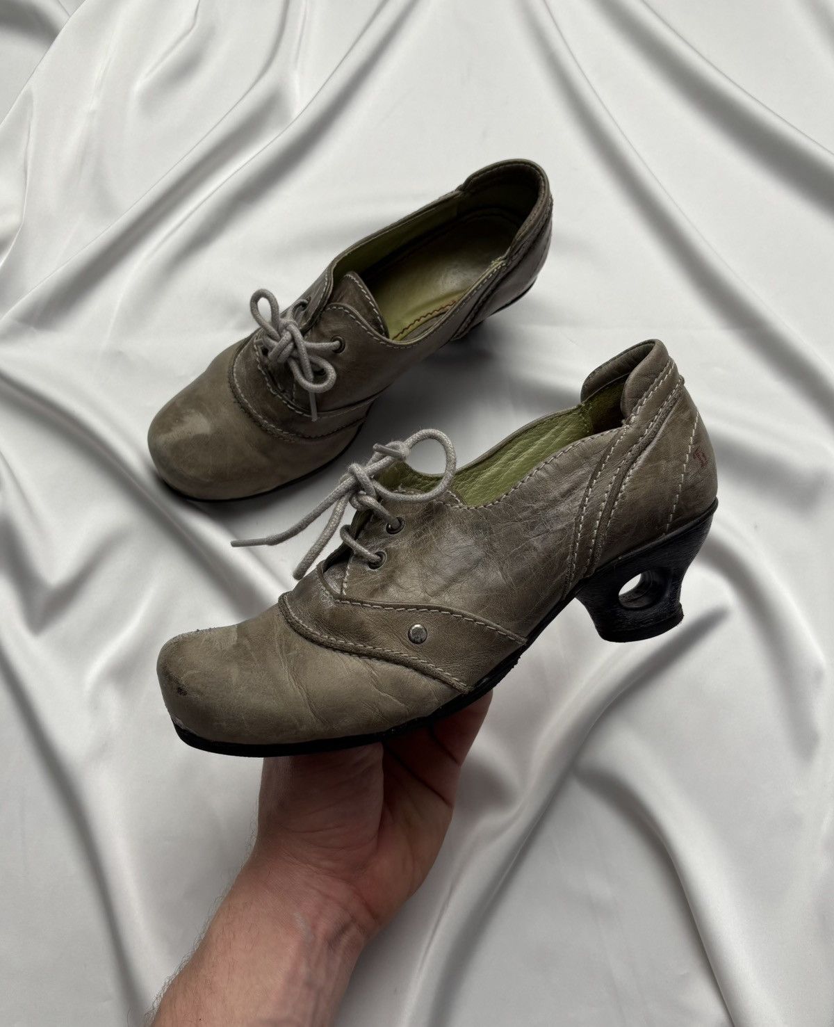 Avant Garde Vintage Leather Faded Lace Up Ugly Heels Shoes in Grey, Women's (Size 7)