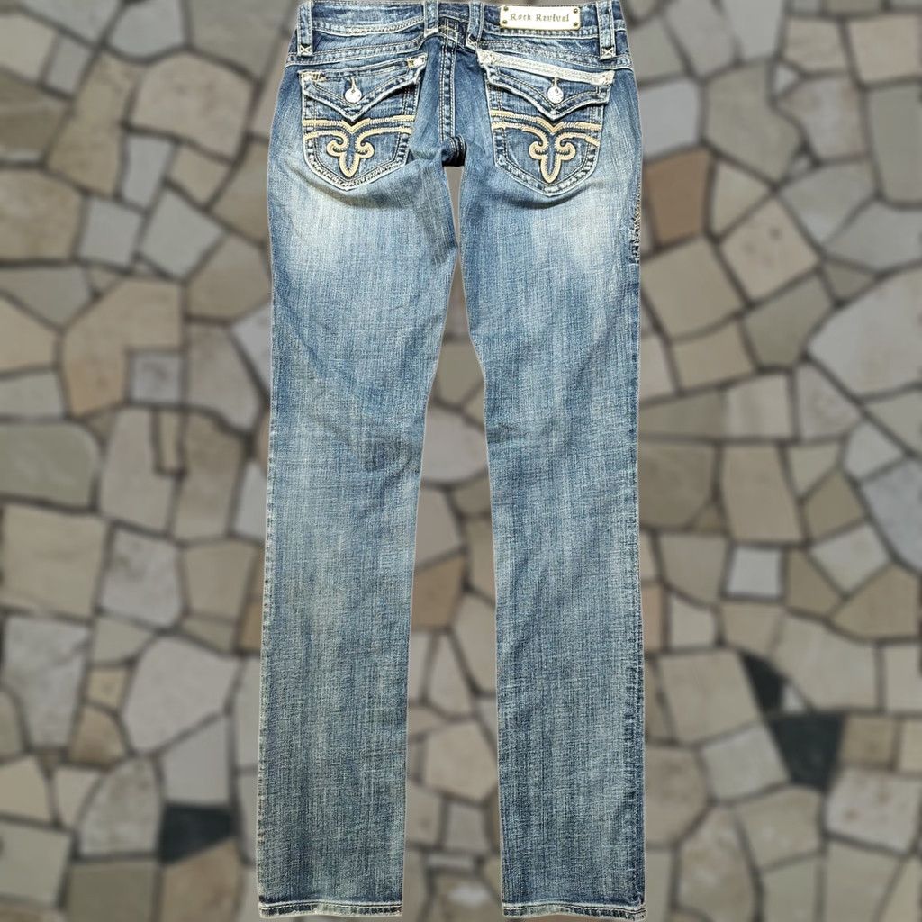 Vintage VINTAGE Rock Revival Gwen Skinny Jeans Denim Blue Thick Stitch Button Flap Womens 29x34 Size 29" - 1 Thumbnail