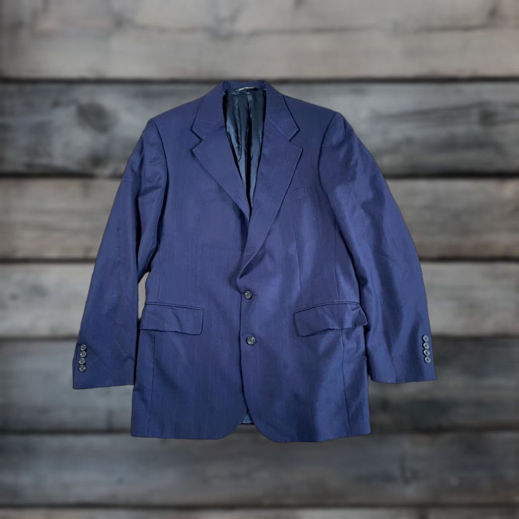 Polo Ralph Lauren VINTAGE Polo University Club Blazer Men 40 Dark Blue Pinstripe Wool 2 Piece Notch Lapel Single-Breasted Four-Button Sleeve Dry Clean Only Wool Jacket Size US L / EU 52-54 / 3 - 1 Thumbnail