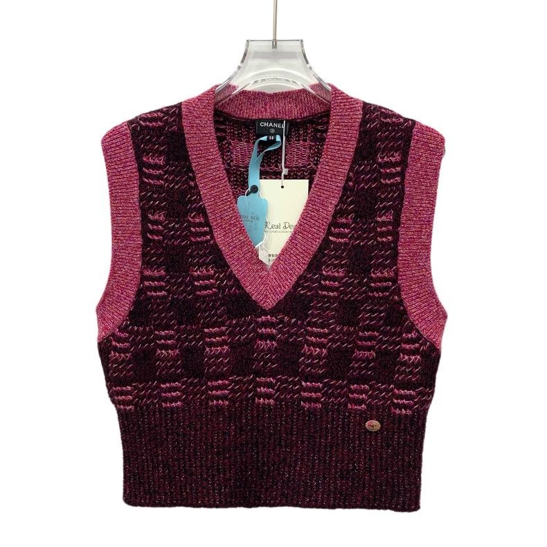 Chanel Chanel Rose-red plaid V-neck cashmere knitted vest 2506-Nex Size XS / US 0-2 / IT 36-38 - 1 Thumbnail