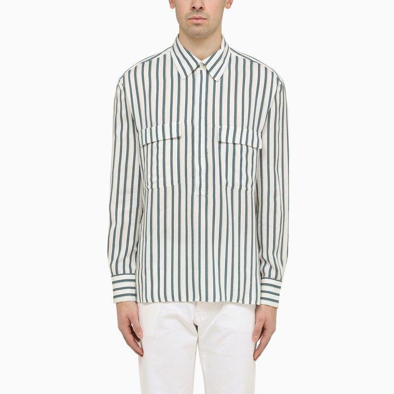 image of Pt Torino Ottanium Striped Shirt In Silk Blend in Blue, Men's (Size Large)