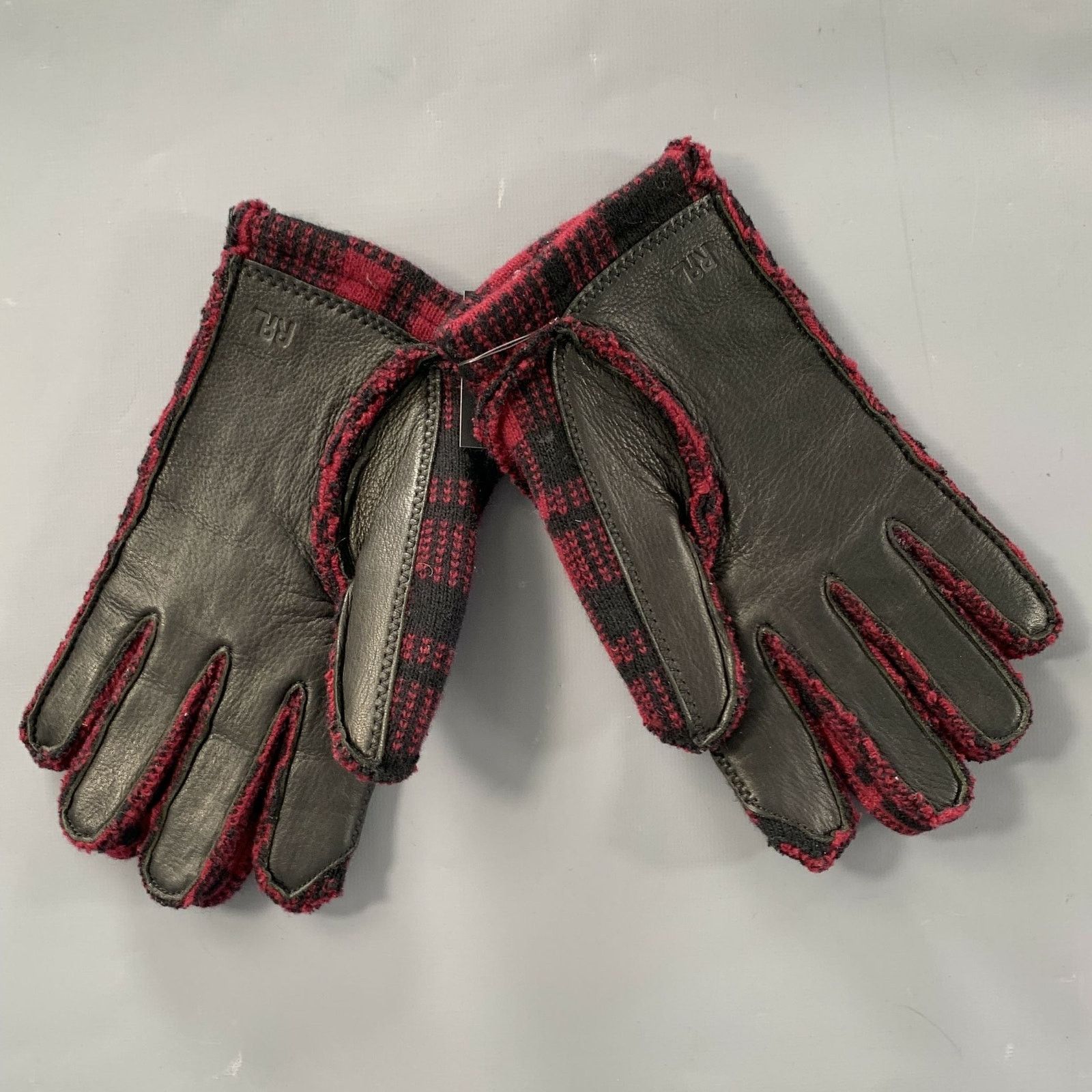 Ralph Lauren RRL S/M Red Black Plaid Wool Leather Gloves Size ONE SIZE - 2 Thumbnail