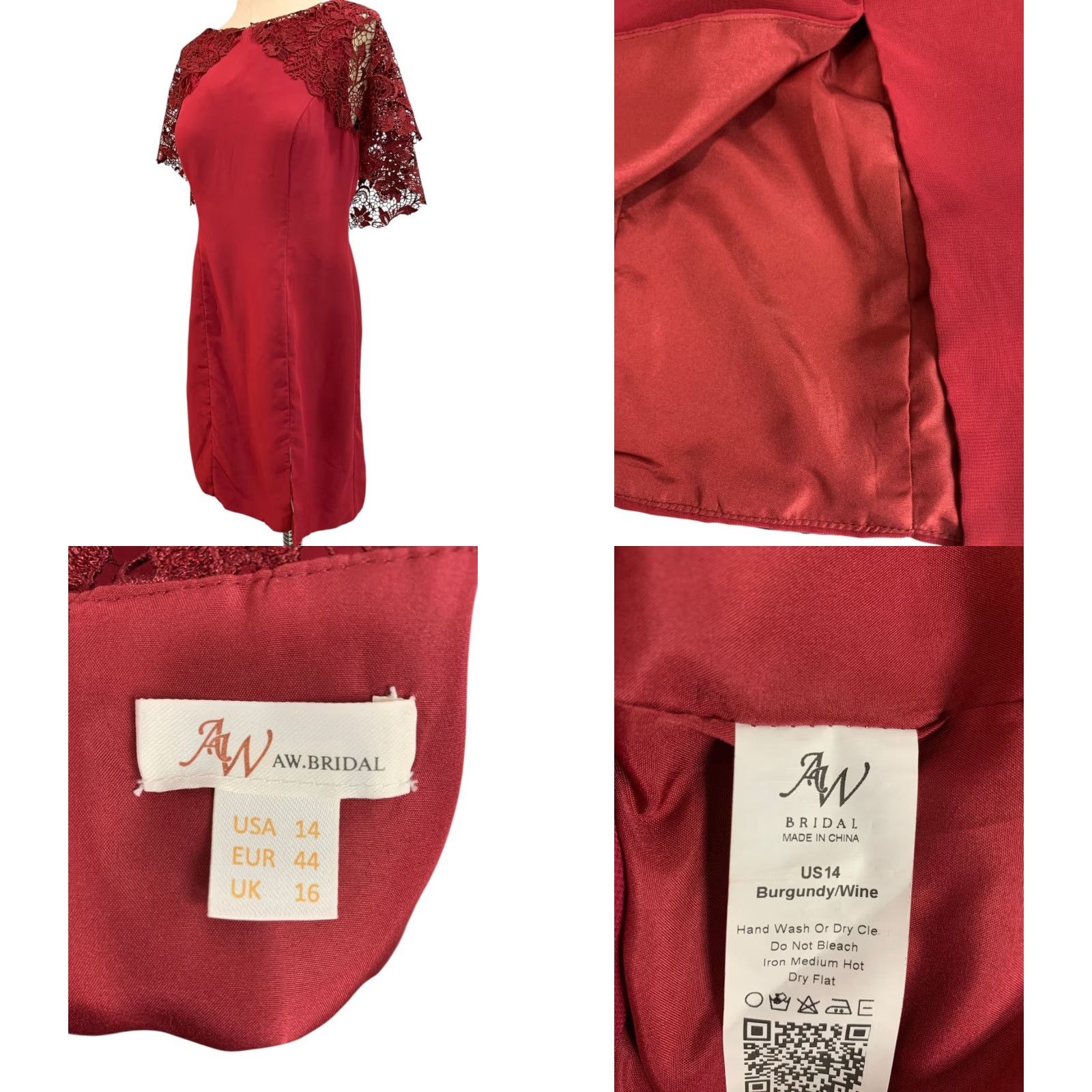 Vintage A.W. Bridal Dress Sheath Size 14 Women Long Burgundy Red Lace Overlay Sleeve Dark Red Wine Burgundy Size XL / US 12-14 / IT 48-50 - 8 Thumbnail