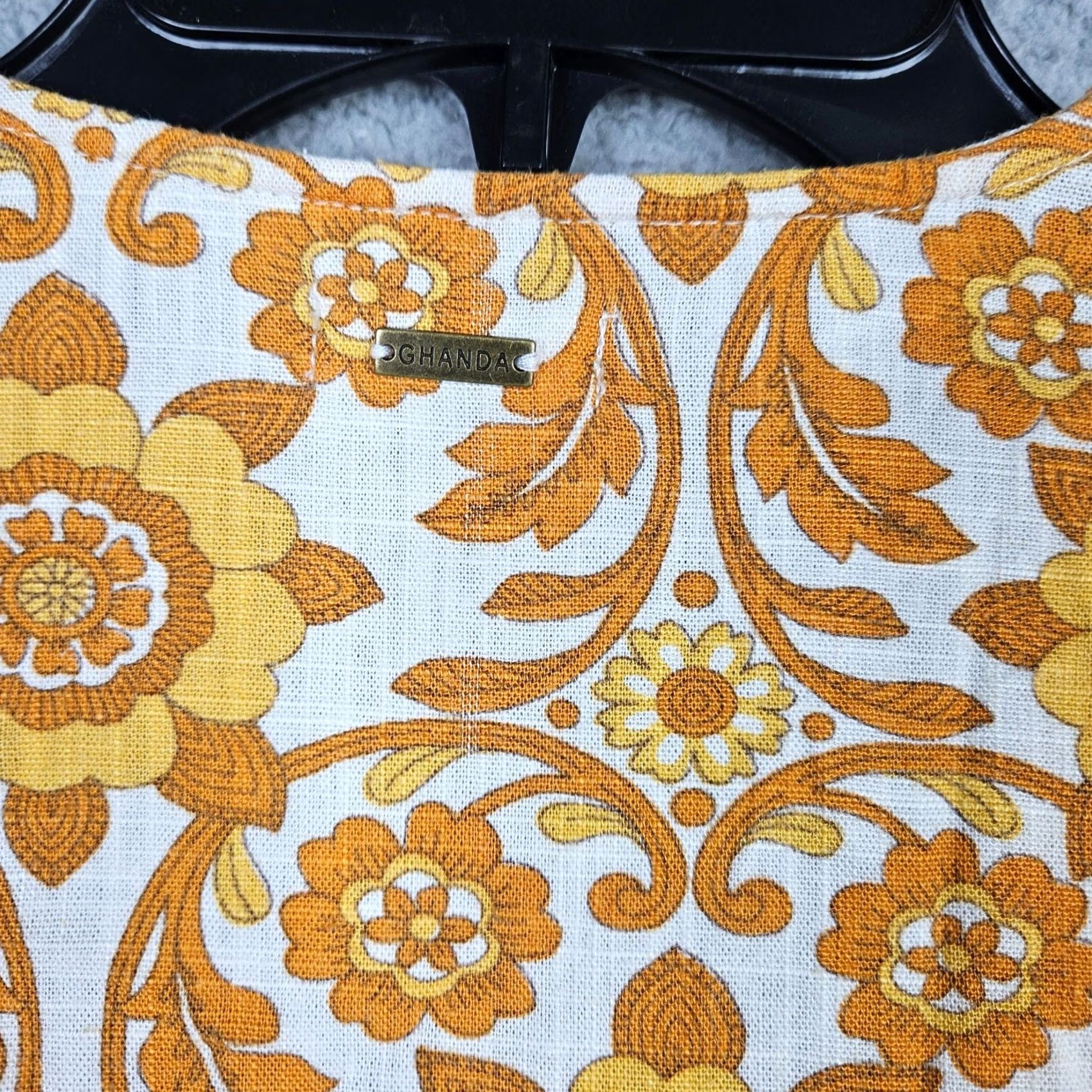 Vintage Ghanda Co. Women's Yellow Floral Printed Cropped Tie Front Shirt S Linen Viscose Blouse Short Sleeve Cropped Tie Front Knitted? Size S / US 4 / IT 40 - 5 Thumbnail