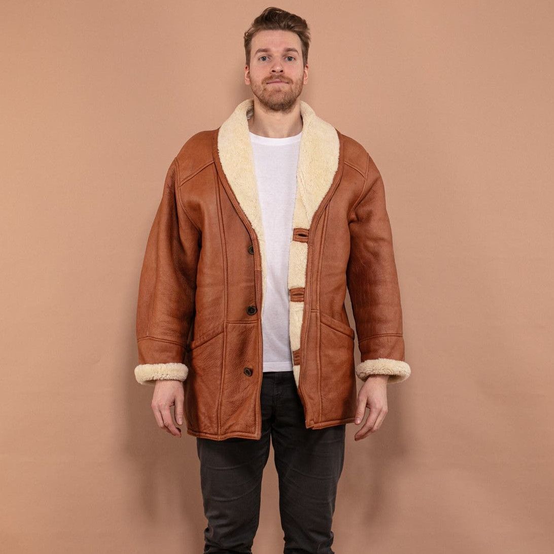 image of Sheepskin Coat Vintage 80's Men Shearling Coat In Brown (Size Large)
