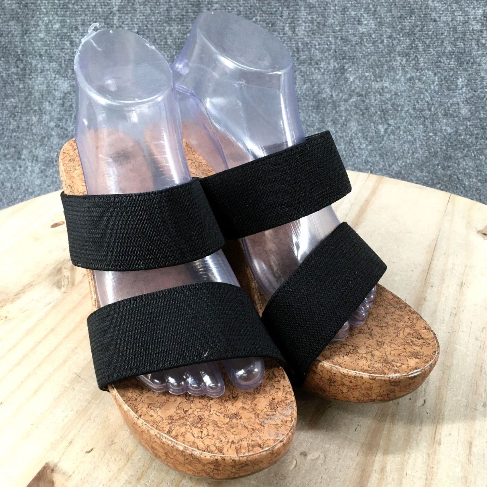 Vintage American Eagle Sandals Womens 9 Cork Heels Wedge Platform Slide Black Fabric Size US 9 / IT 39 - 3 Thumbnail