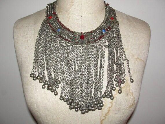 Designer Afghani Metal Collar Inlaid with Colored Glass and Bells Size ONE SIZE - 1 Thumbnail