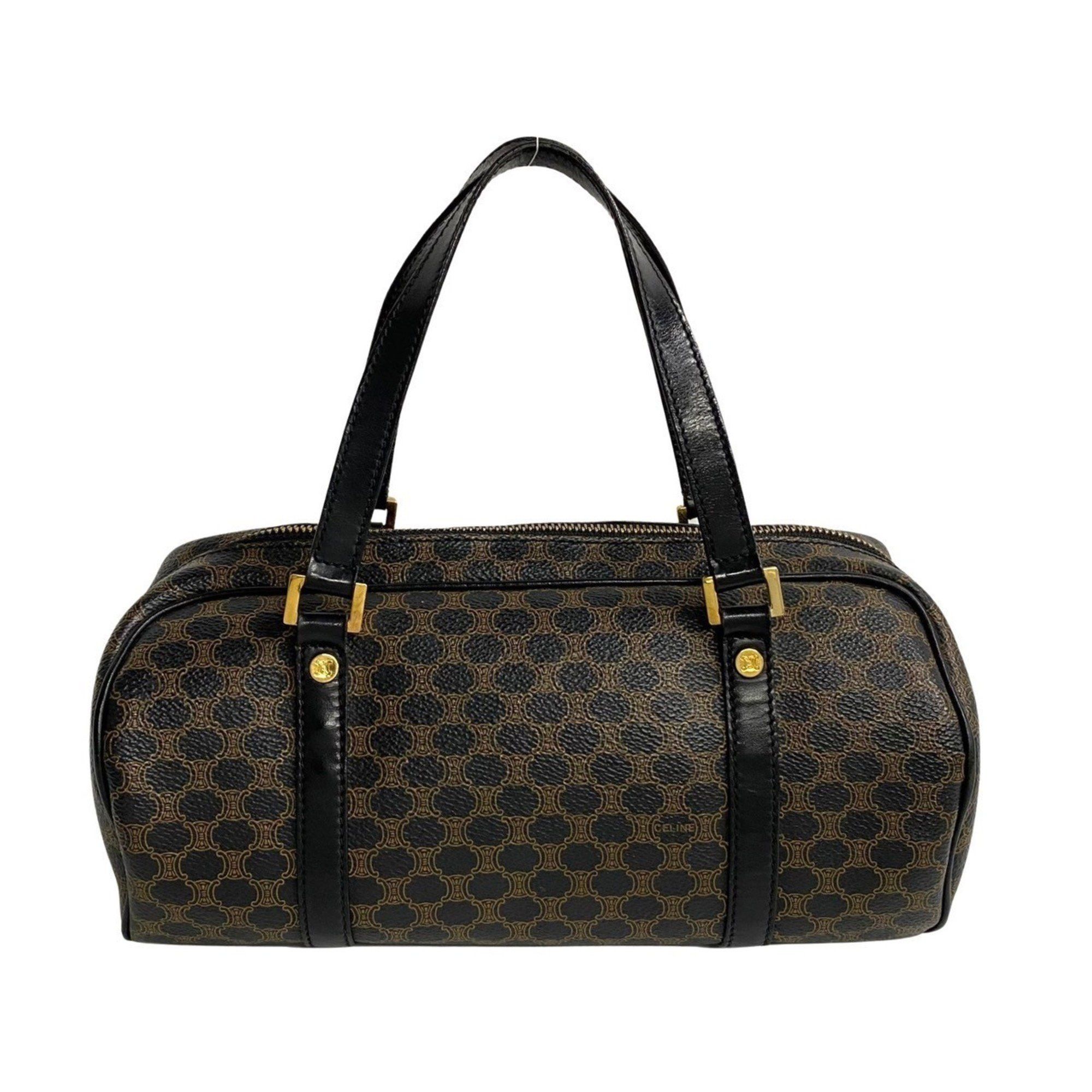 image of Celine Macadam Blason Leather Handbag Boston Bag Black Brown 31855, Women's
