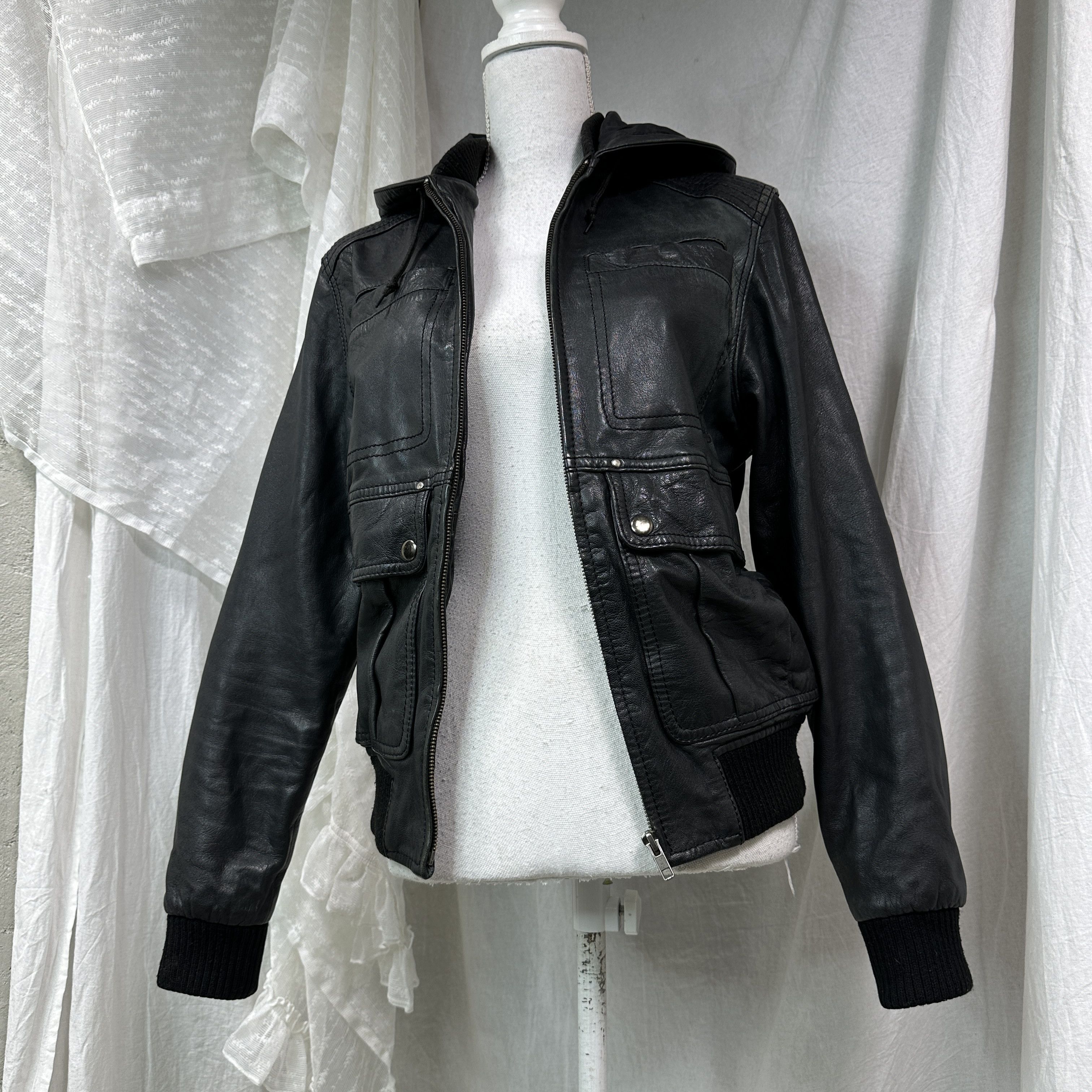 Vintage Vintage Leather Grunge Biker Moto Hooded Jacket 00s Size S / US 4 / IT 40 - 5 Thumbnail