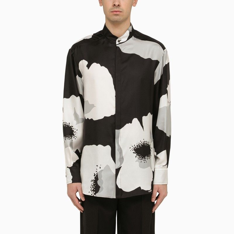image of Valentino Flower Portrait Black/grey/ivory Silk Shirt, Men's (Size Large)