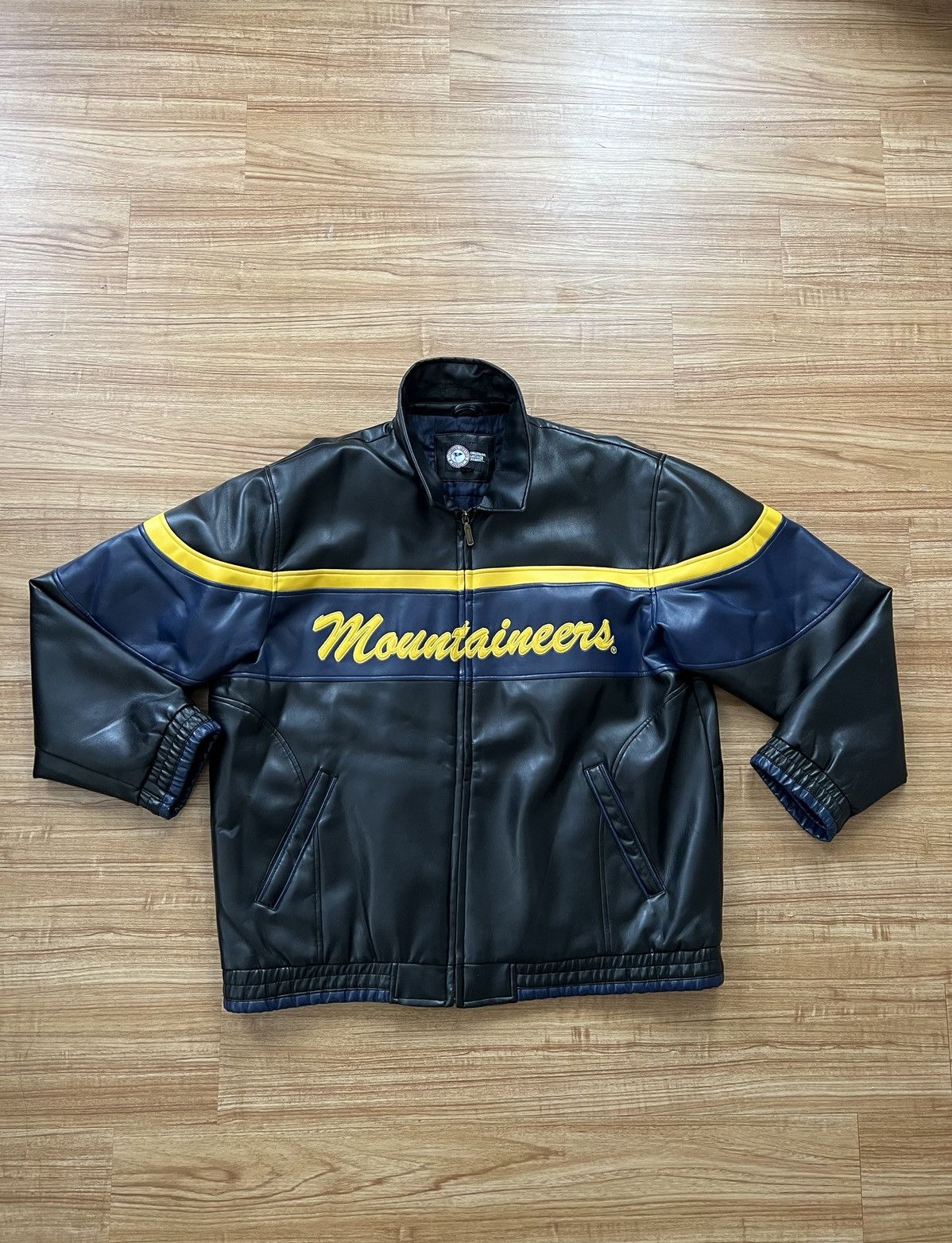 Image of American College x Collegiate West Virginia Mountaineers Leather Jacket in Black/Navy (Size XL)