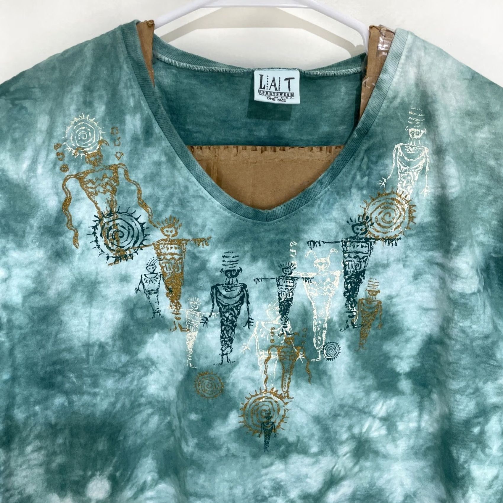 Vintage VINTAGE LAT Sportswear Green Tie Dye Sleep Shirt One Size Egyptian Hieroglyphics Shirt Unisex Adults Short Sleeve Tie Dye Pockets 100% Cotton Size ONE SIZE - 3 Thumbnail