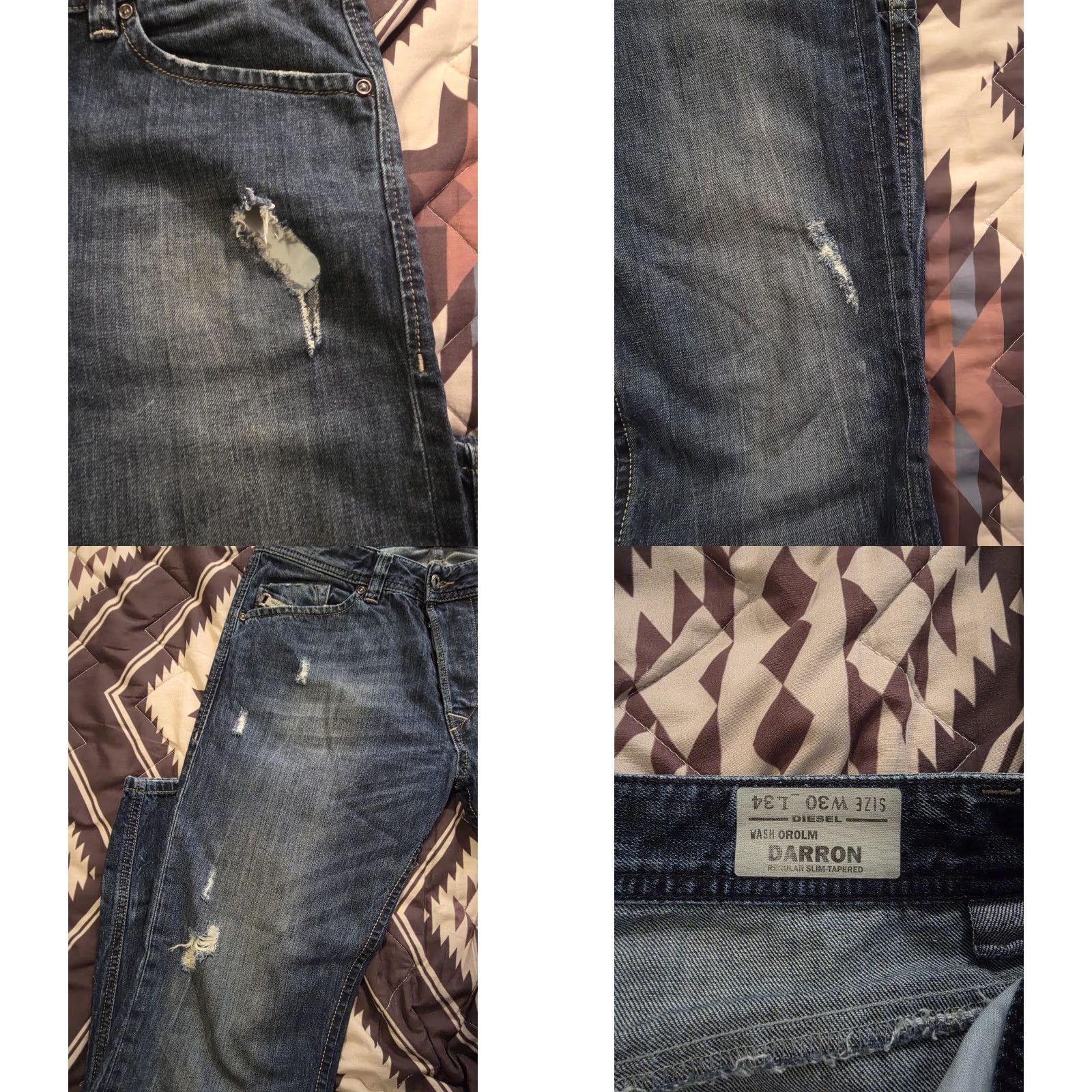 Diesel VINTAGE Diesel Darron Regular Slim Tapered Jeans Mens 30x34 Blue Distressed Denim Cotton Jeans Slim Tapered Mid Rise 30 34 Mens Size US 30 / EU 46 - 8 Thumbnail