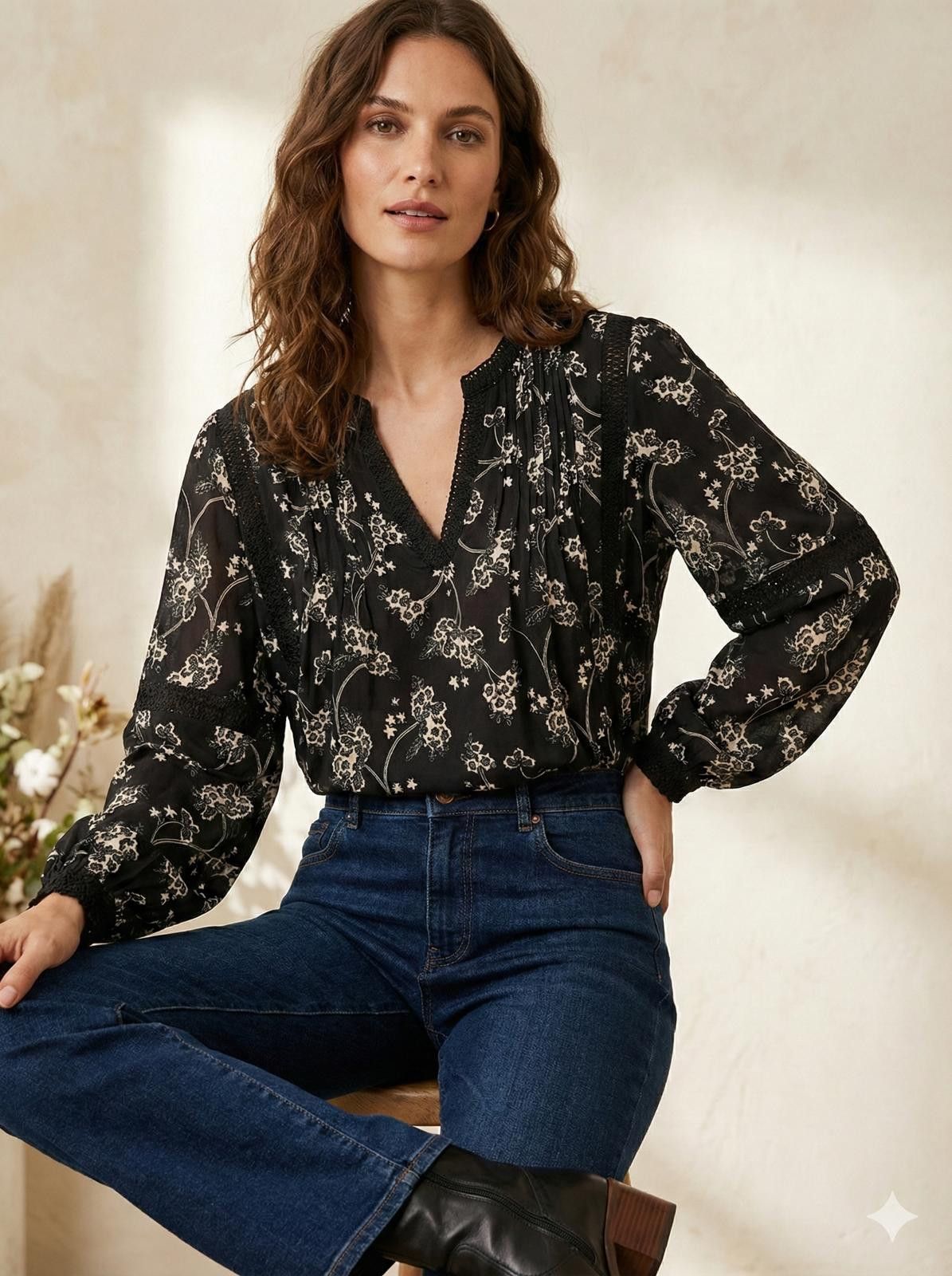 M.E. Sport Pre-Loved Women's Black and White Floral Long Sleeve Blouse Size XL / US 12-14 / IT 48-50 - 1 Thumbnail