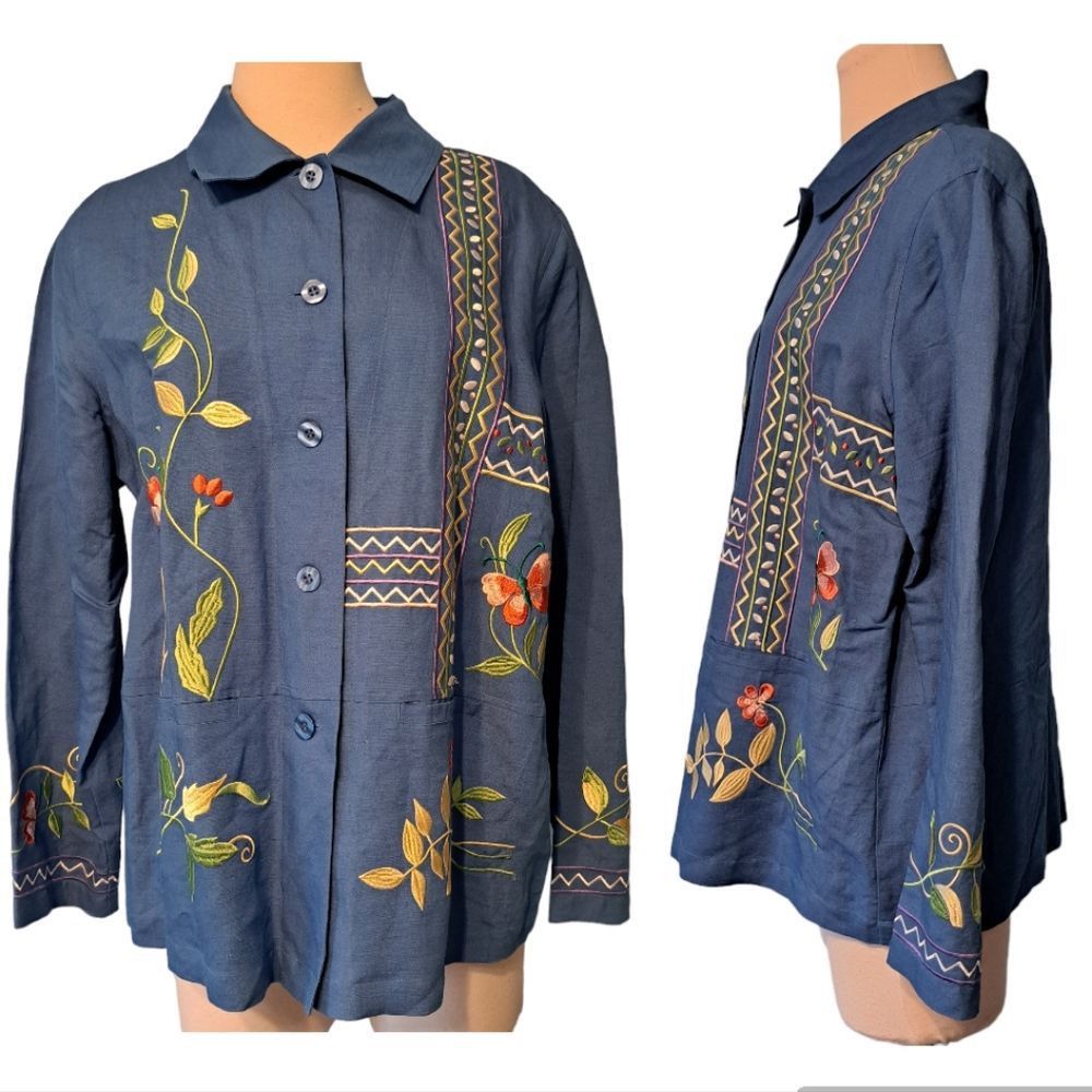 Other Susan Graver Grannycore Embroidered Linen Floral Butterfly Top Medium Blue/Multi Size M / US 6-8 / IT 42-44 - 2 Thumbnail