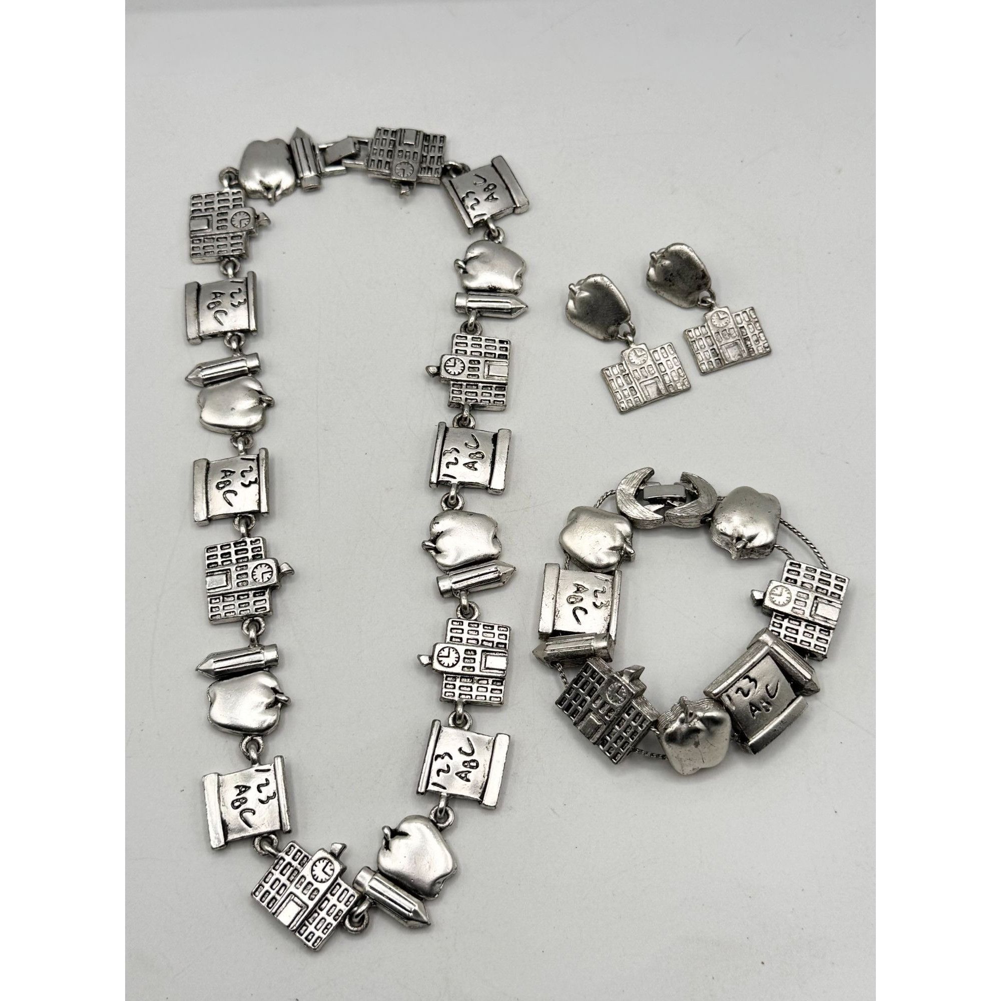 Vintage School teacher Apple Pencil silver charm necklace bracelet & Size ONE SIZE - 4 Thumbnail