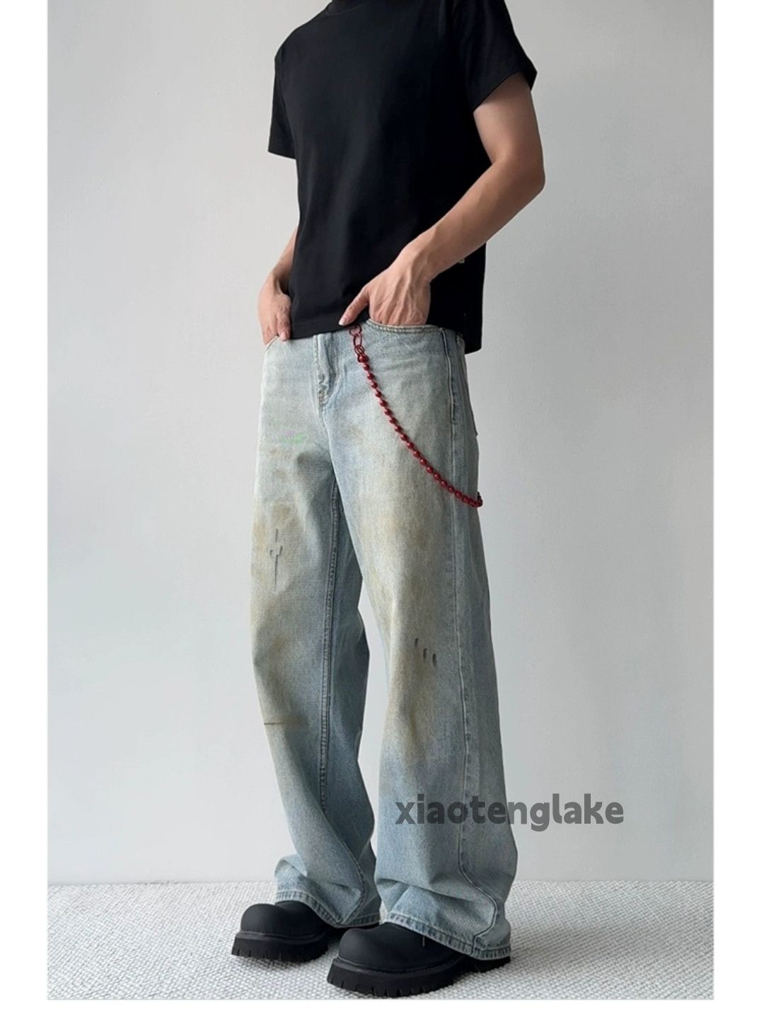 Jean Unisex washed faded stain paint grunge baggy jeans Size US 32 / EU 48 - 4 Thumbnail