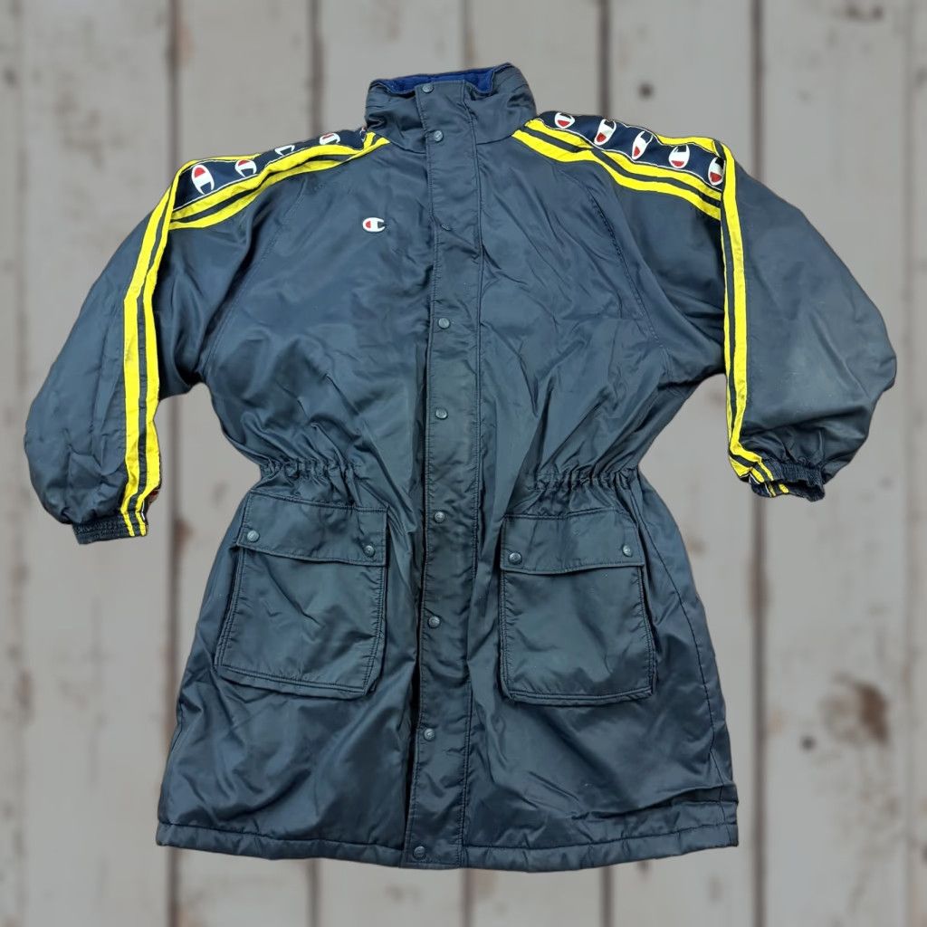 VINTAGE Champion Parka Coat Mens 2XL Blue Hooded Insulated Logo Tape Bench