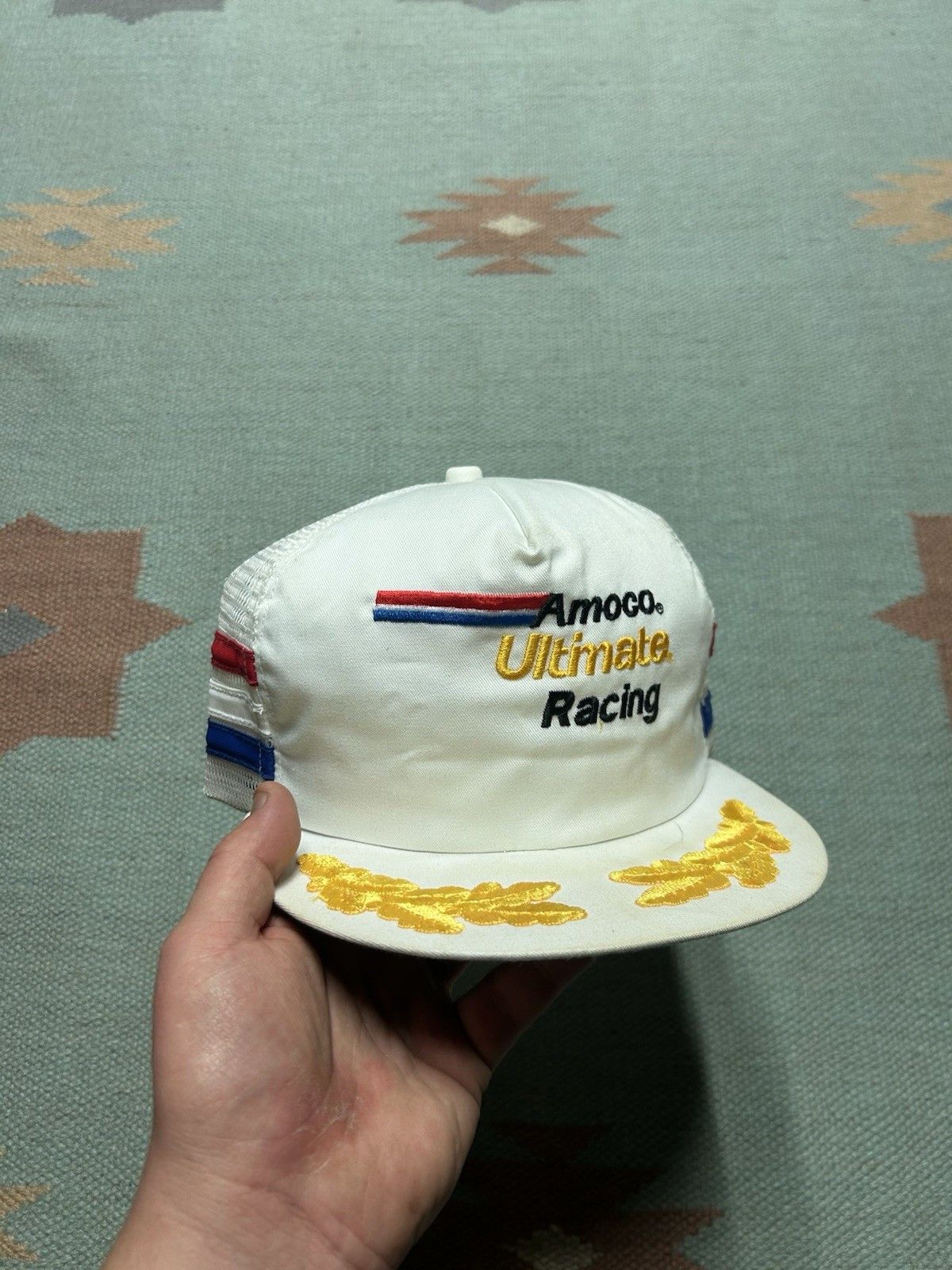Vintage 80s trucker hat Amoco racing 3 three stripe red white blue Size ONE SIZE - 1 Thumbnail