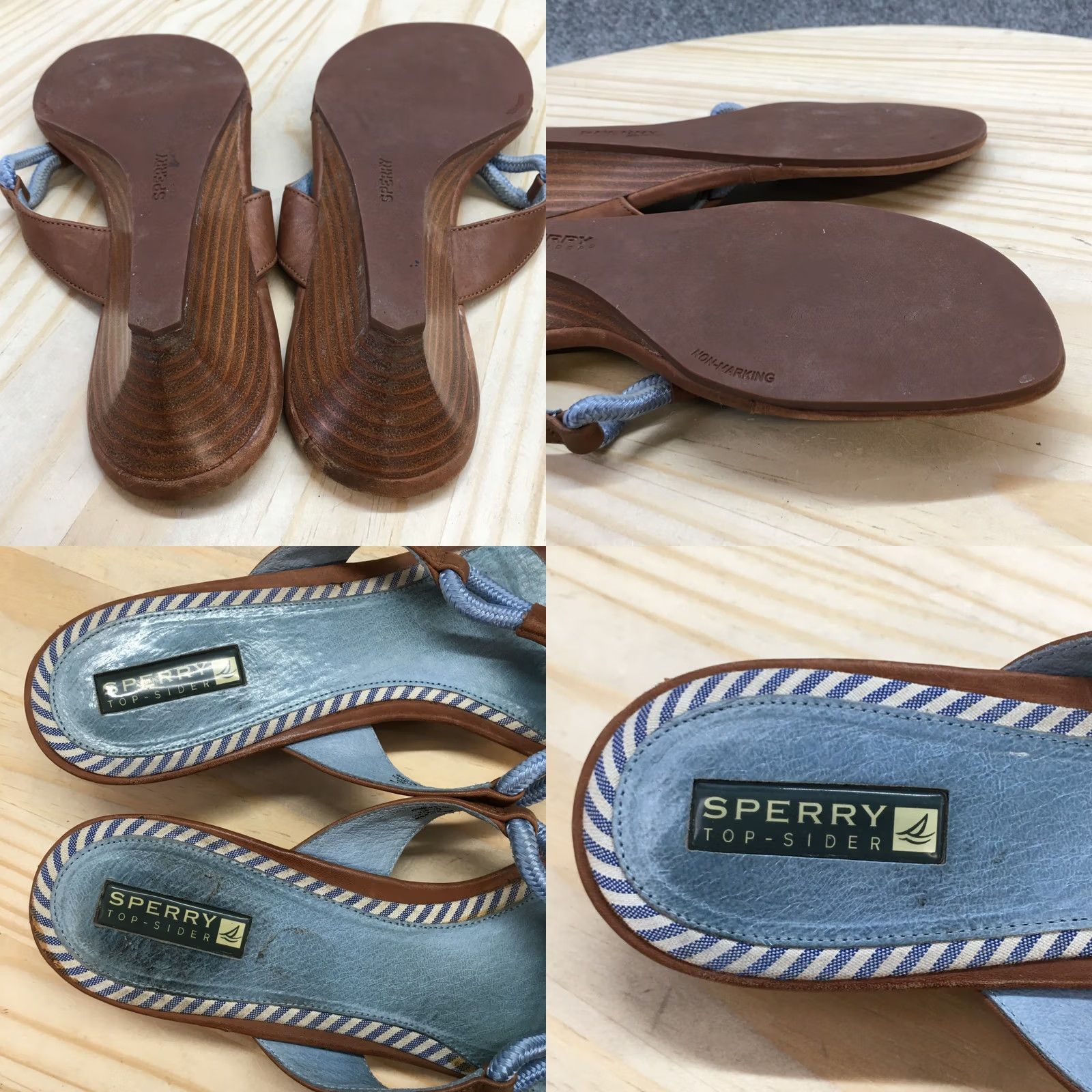 Sperry Sperry Sandals Womens 10 Brown Leather Blue Rope Thong Wedge Heels Slip On Size US 10 / IT 40 - 9 Thumbnail