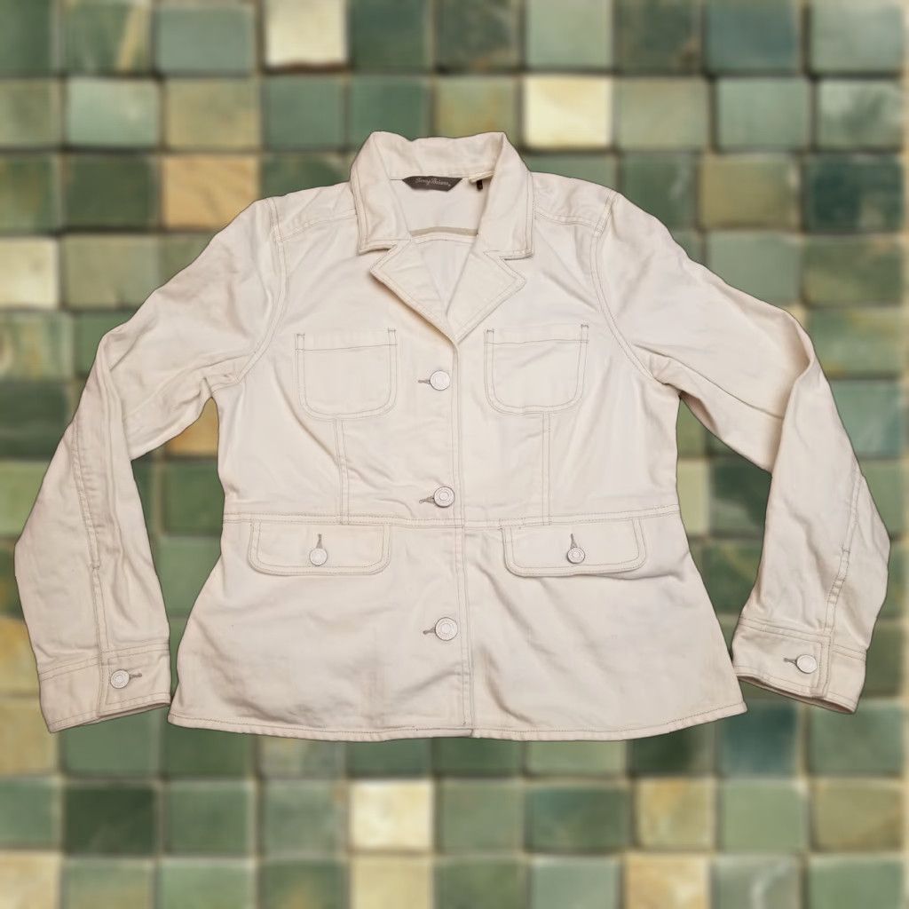 Tommy Bahama VINTAGE Tommy Bahama Jacket Womens 14 Cream Canvas Cotton Button Casual Long Sleeve Size XL / US 12-14 / IT 48-50 - 1 Thumbnail