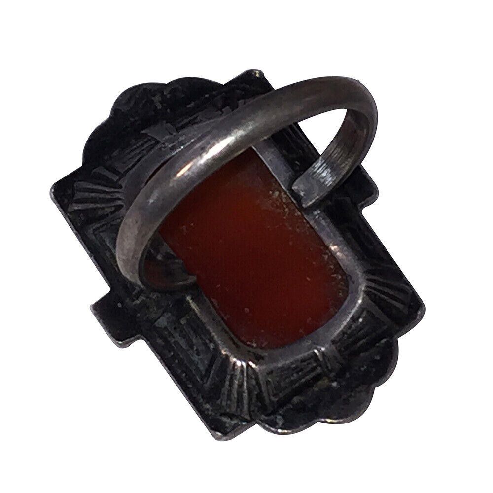 Designer Art Deco Sterling Oblong Carnelian and Marcasite Ring Size ONE SIZE - 4 Thumbnail