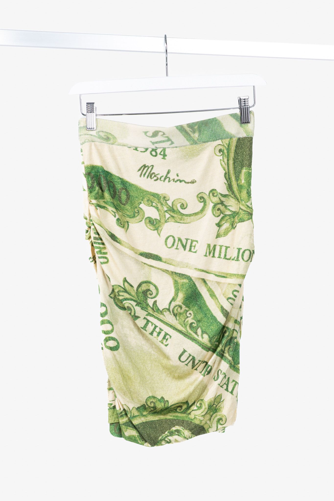 Moschino Moschino AW/19 Green Wool Money-Print Ruched Skirt Size 28" / US 6 / IT 42 - 1 Thumbnail