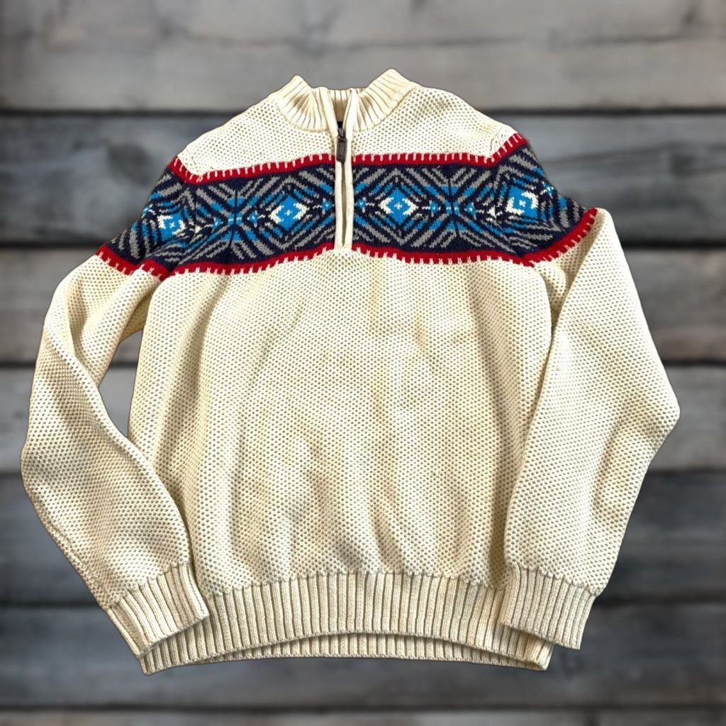 Izod IZOD Aztec 1/4 Zip Mock Neck Sweater - Adult Medium Ivory Heavyweight Knit Mens Size US M / EU 48-50 / 2 - 1 Thumbnail