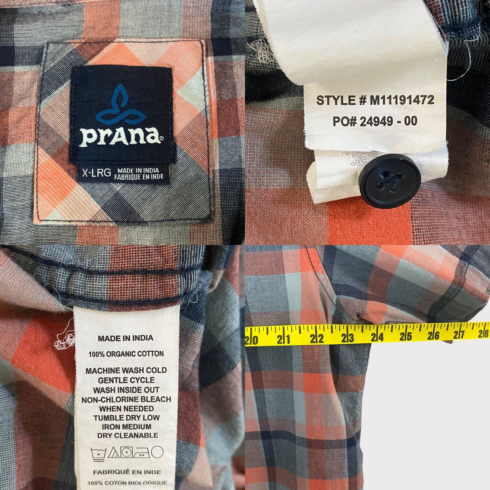 Prana prAna Bryner Sport Shirt Gray/Orange Plaid Men's XL Short-Sleeve Button-Up Size US XL / EU 56 / 4 - 8 Thumbnail