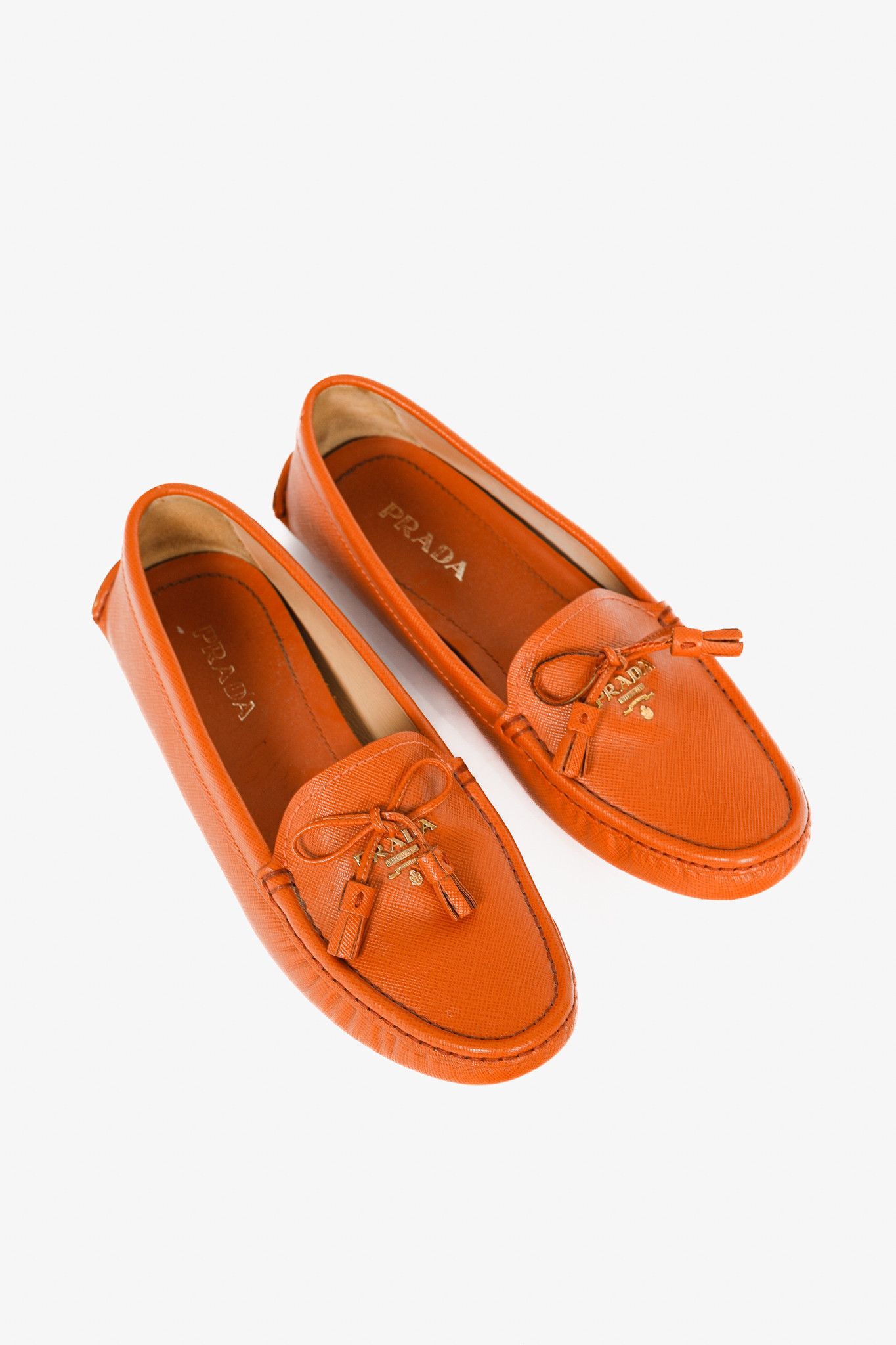Prada Prada Orange Saffiano Leather Tassel-Bow Loafers Size US 7 / IT 37 - 1 Thumbnail