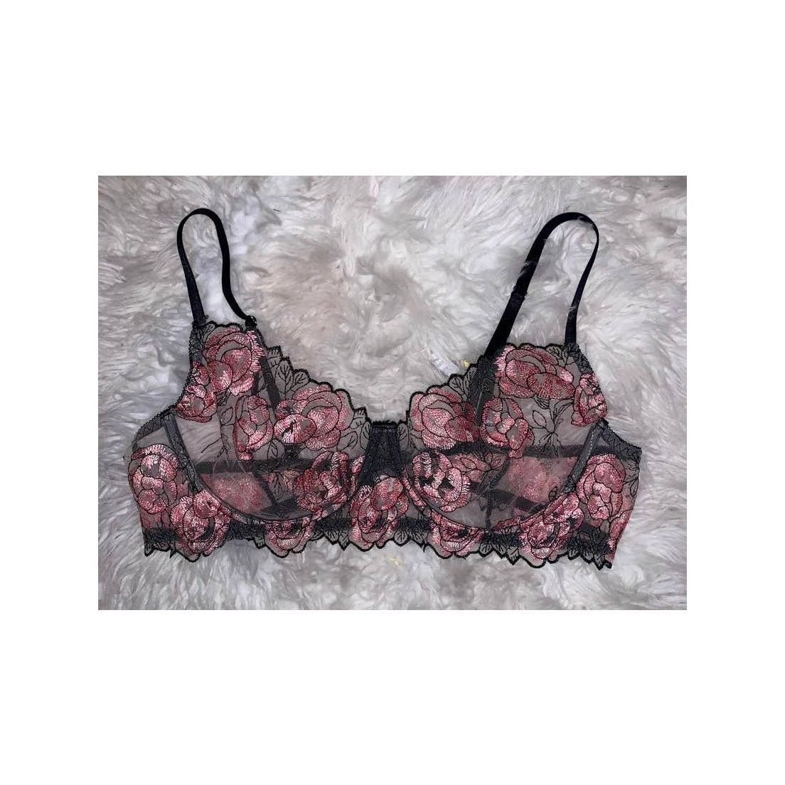 Other BRAND NEW Lace Mesh Black and Pink Rose Bra Lingerie Top 1XL Size ONE SIZE - 5 Thumbnail