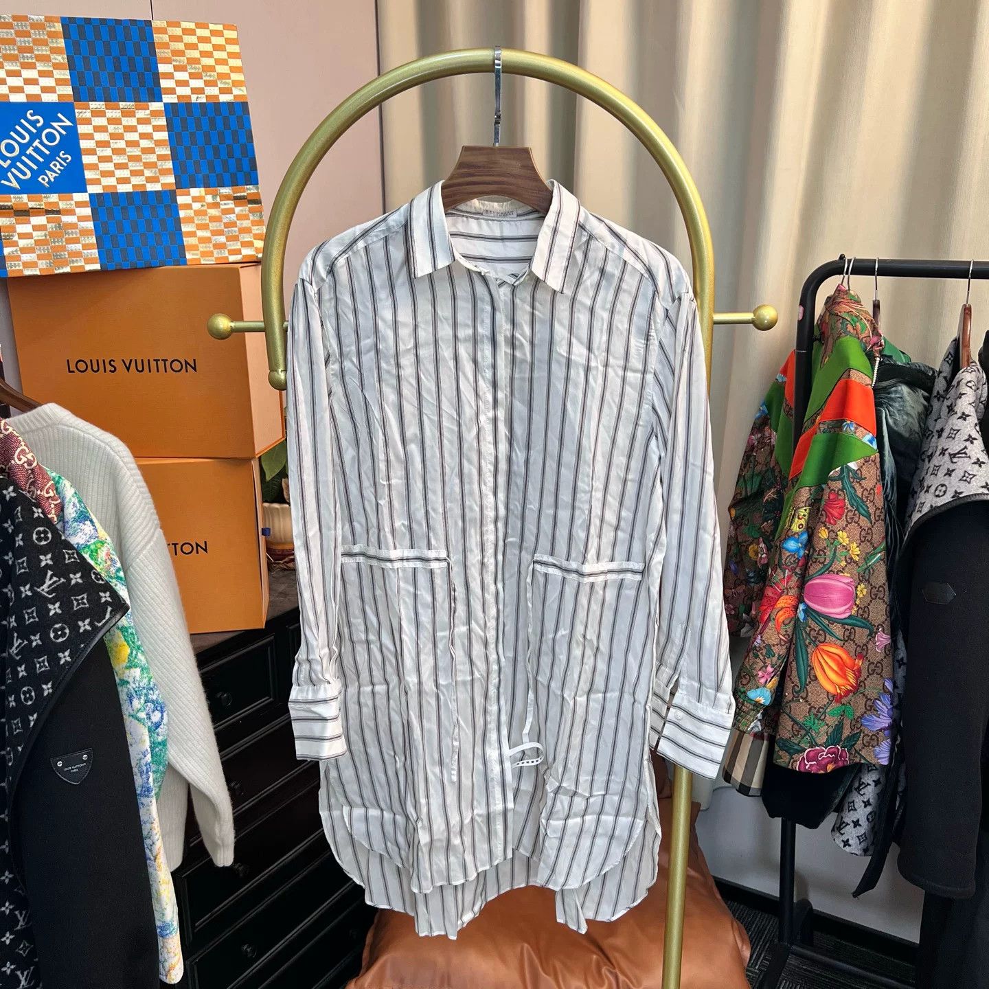 Brunello Cucinelli Brunello Cucinelli White Stripe Beaded Shirt Size US L / EU 52-54 / 3 - 1 Thumbnail