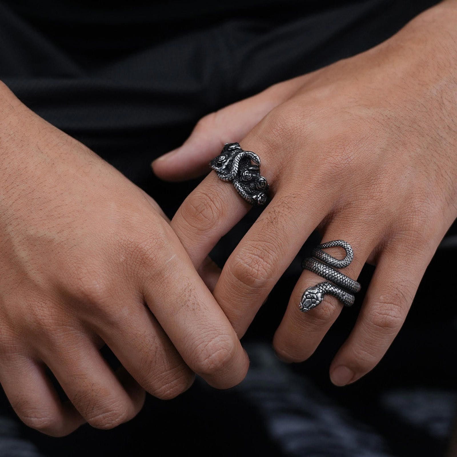 Jewelry Intricate Snake and Rose Silver Ring Size ONE SIZE - 3 Thumbnail