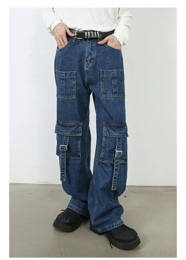 Japanese Brand Men's multi-pocket washed vintage wide-leg cargo jeans Size US 32 / EU 48 - 1 Thumbnail