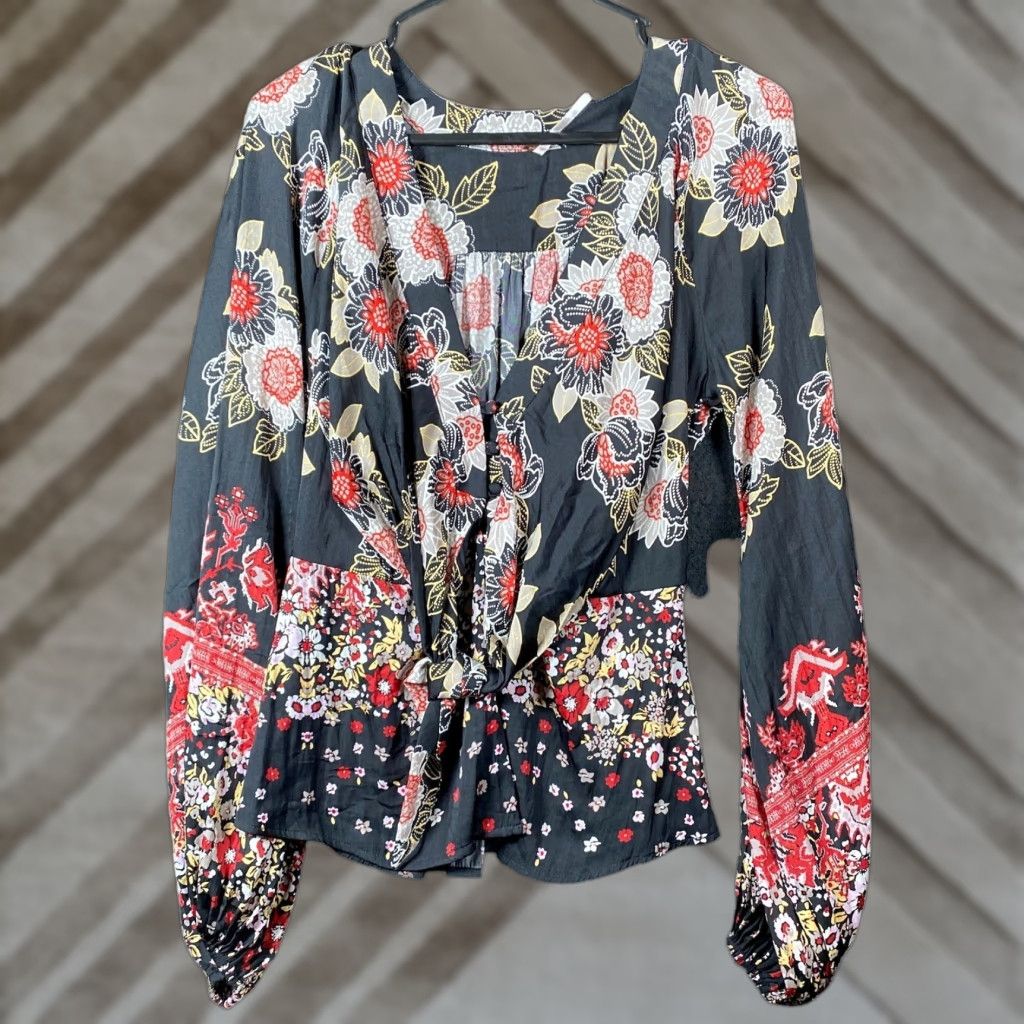 Free People Blouse Women's Black Floral Deep V-Neck Front Tie Long Sleeve M