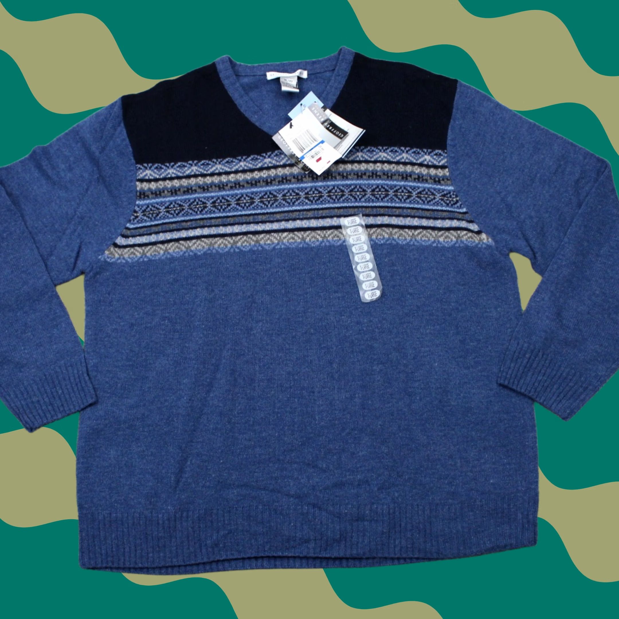 Geoffrey Beene Geoffrey Beene Sweater Mens XL Blue Geometric Lambswool V-Neck Pullover NWT Regular Knit Long Sleeve Geometric Pattern Wool Size US XL / EU 56 / 4 - 1 Thumbnail
