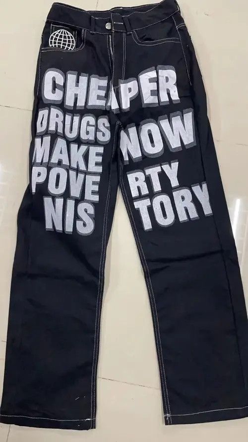 Jean Y2K Black Jeans Hip Hop Letter Printed Pants Size US 35 - 1 Thumbnail