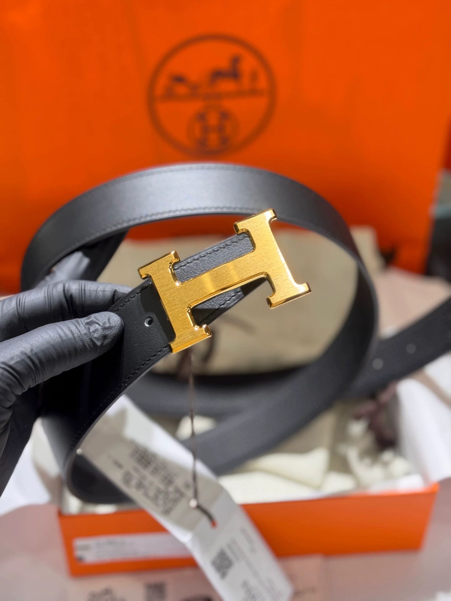 Hermes HERMES 2-Sided Calfskin 32mm Belt Black 95 H Gold Size ONE SIZE - 8 Thumbnail