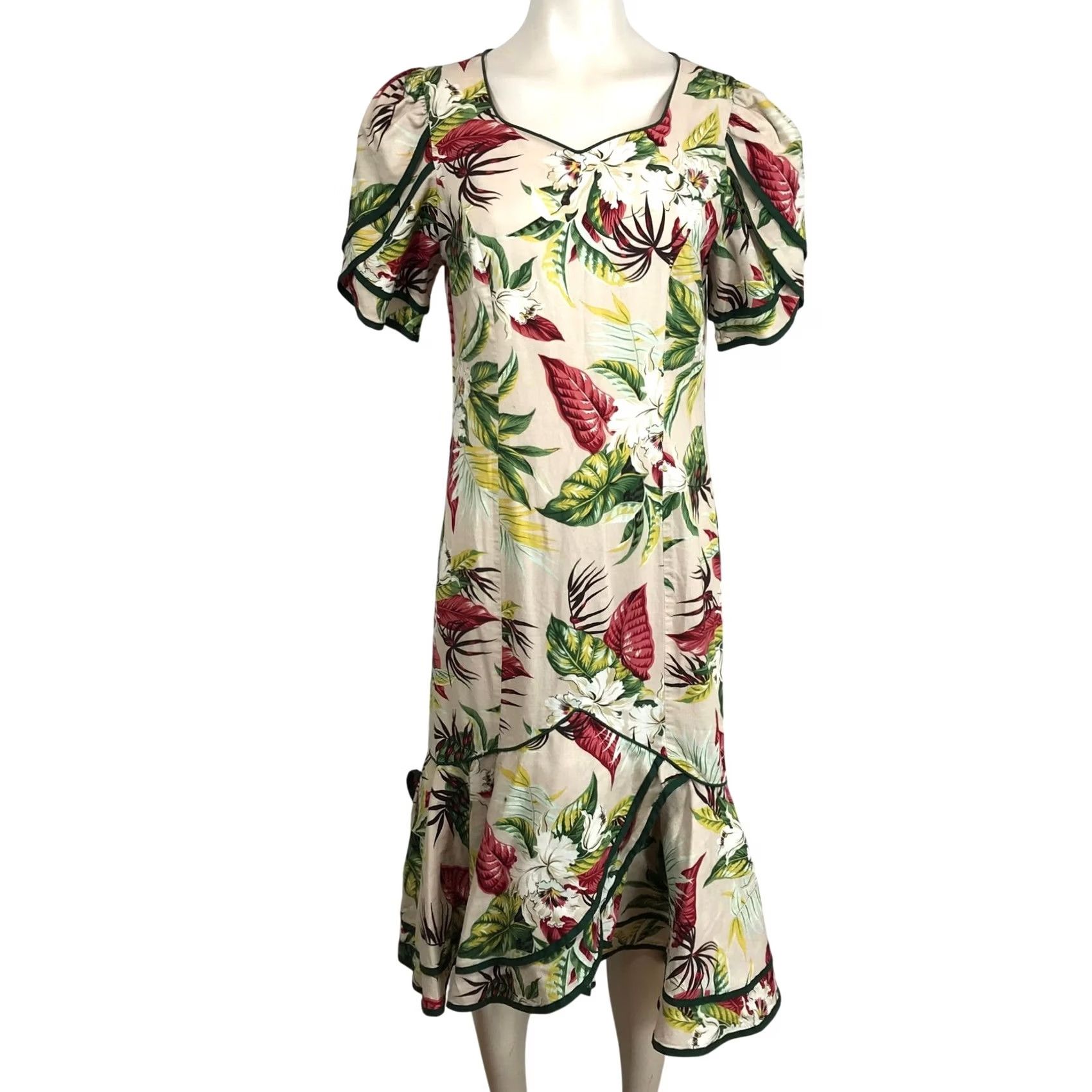 Vintage VINTAGE Unbranded Floral Midi Dress Puff Sleeve Ruffle Hem Square Neck Casual, Party/Cocktail Women Small Cream Sundress, A-Line, Rayon, 2 Size XS / US 0-2 / IT 36-38 - 2 Thumbnail