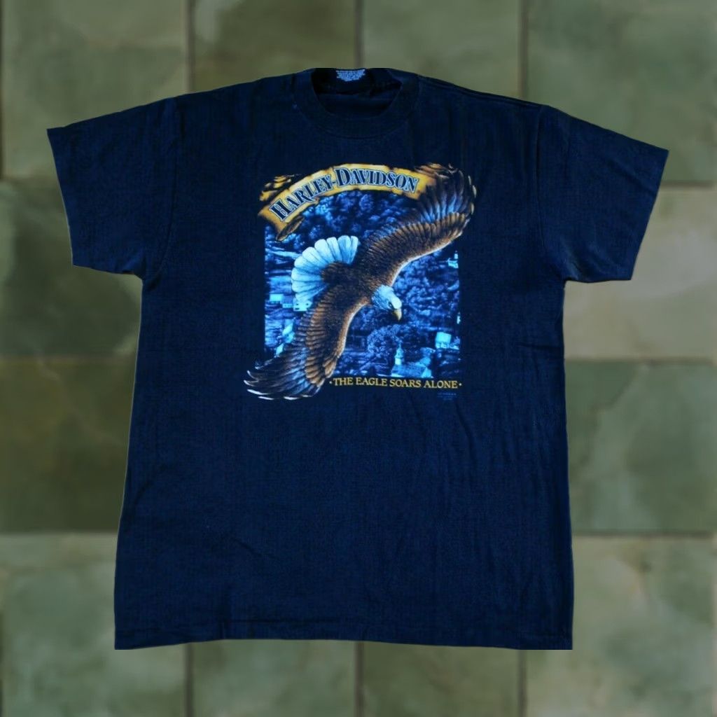 Harley Davidson VINTAGE HARLEY-DAVIDSON 3D EMBLEM MOTORCYCLES EAGLE SOARS ALONE TSHIRT XL BLACK Mens XL 50/50 Size US XL / EU 56 / 4 - 1 Thumbnail