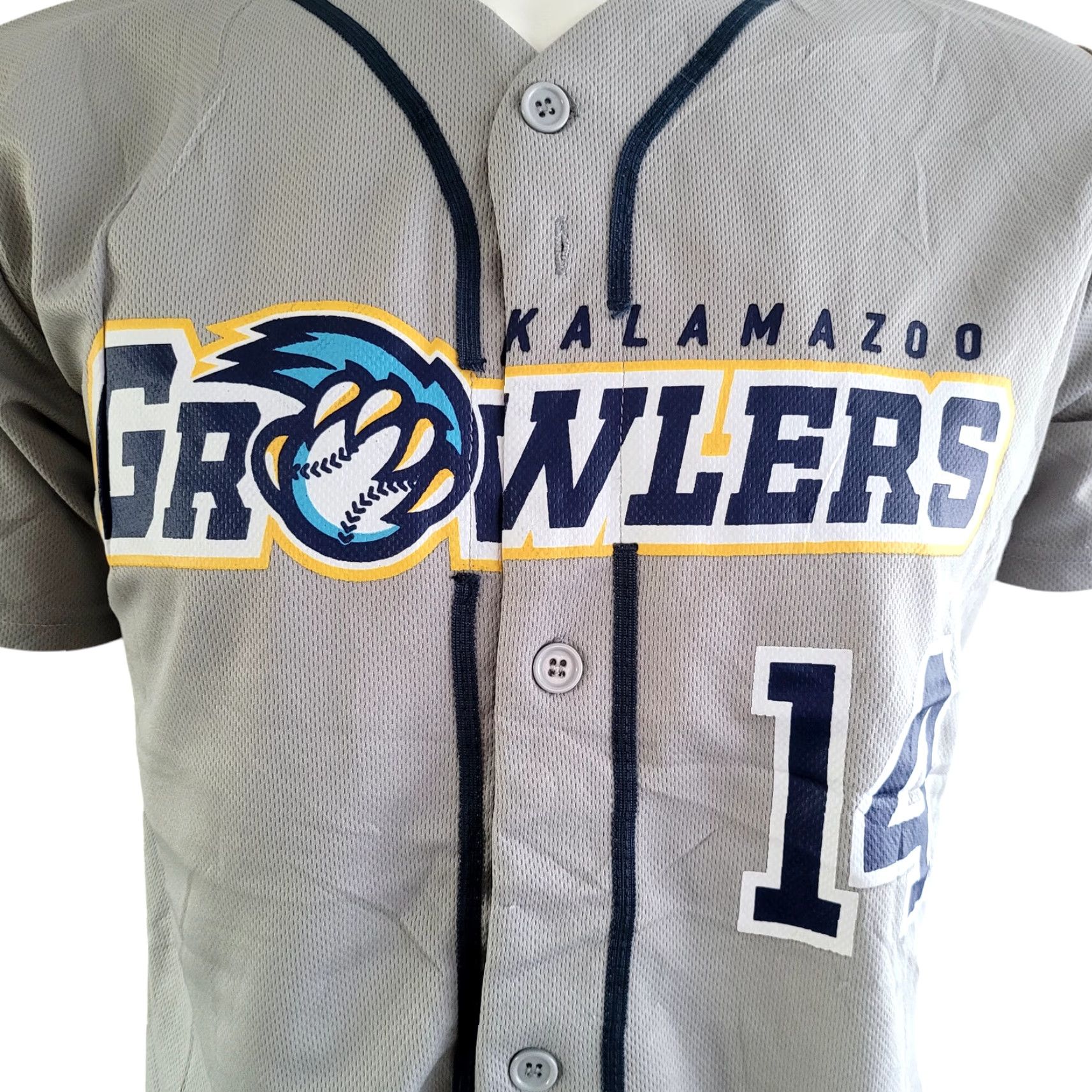 Logo 7 Kalamazoo Growlers Jersey - Gray Small Printed Logo Number 14 100% Polyester Men’s Baseball Jersey Size US S / EU 44-46 / 1 - 3 Thumbnail