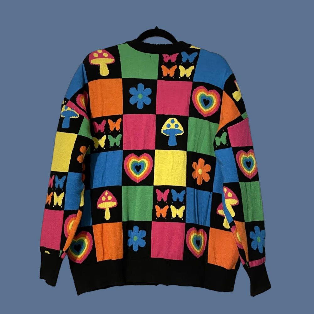 VINTAGE Social Collision Cardigan Sweater Womens Medium Multicolor Rainbow Heart Print