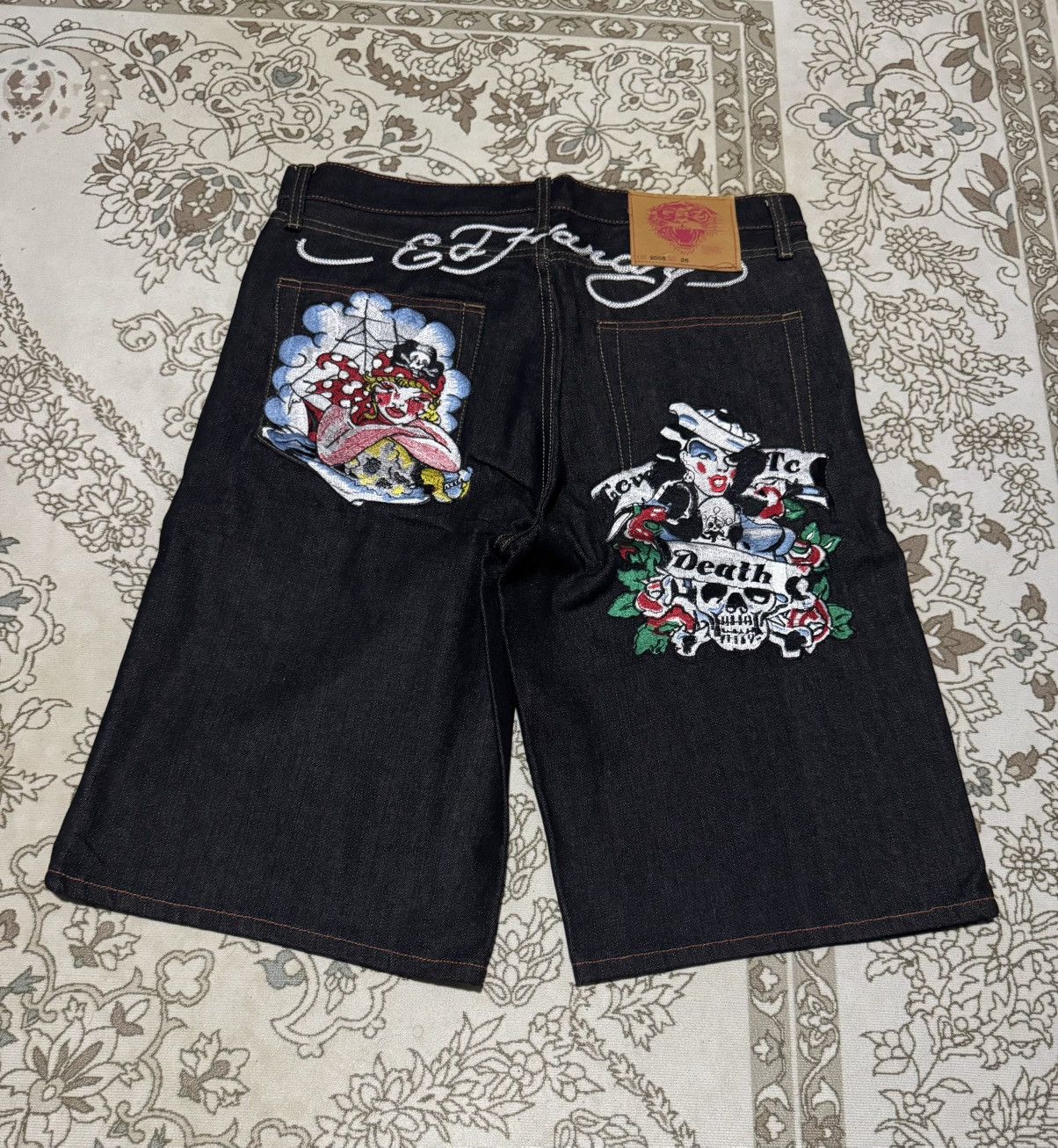 Ed Hardy Vtg “Death Of Glory” Ed Hardy Embroidery Short Denim Jeans Size US 37 - 1 Thumbnail