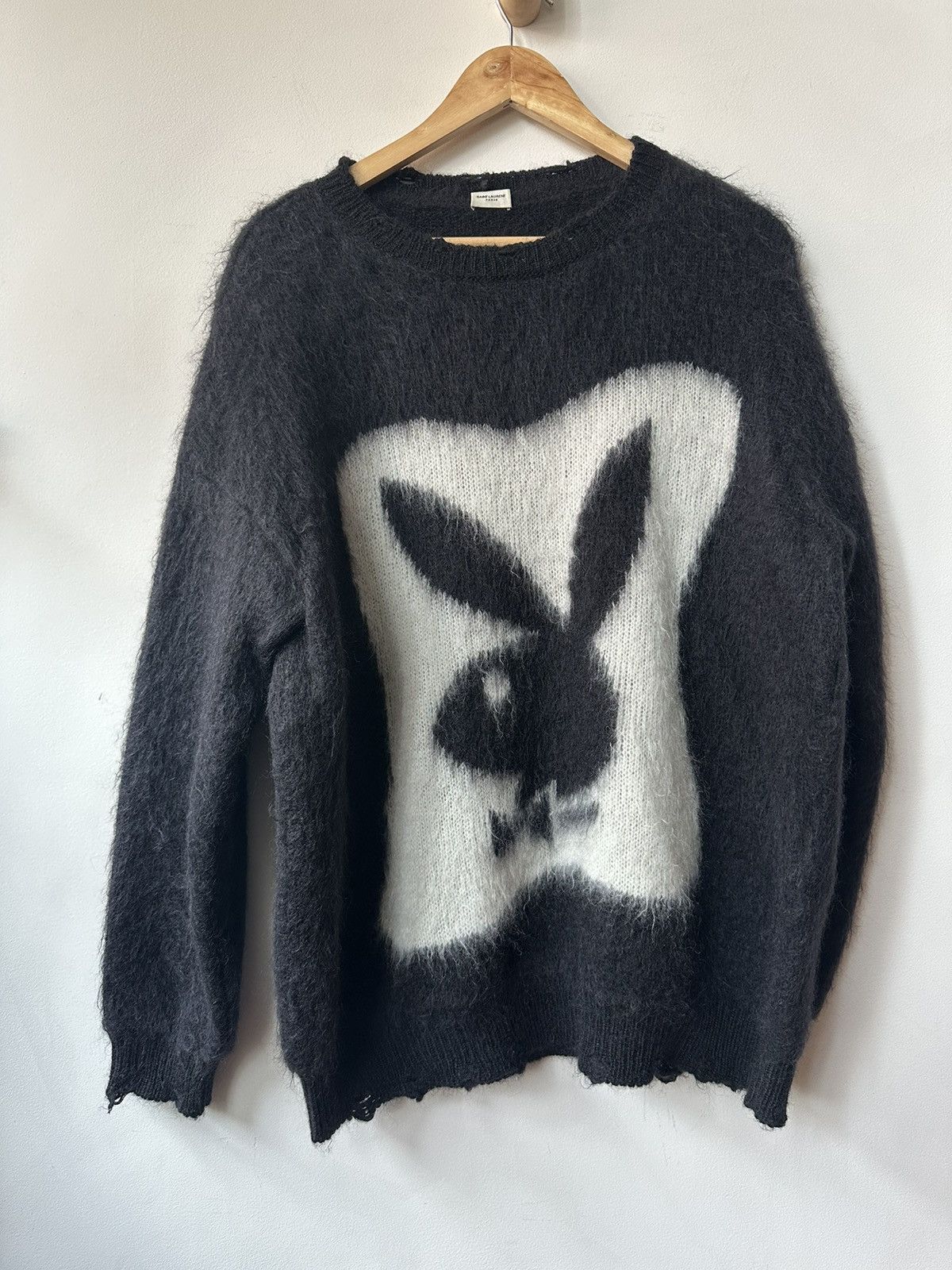 image of Saint Laurent Playboy Mohair Logo Oversize Sweater in Black, Men's (Size XL)