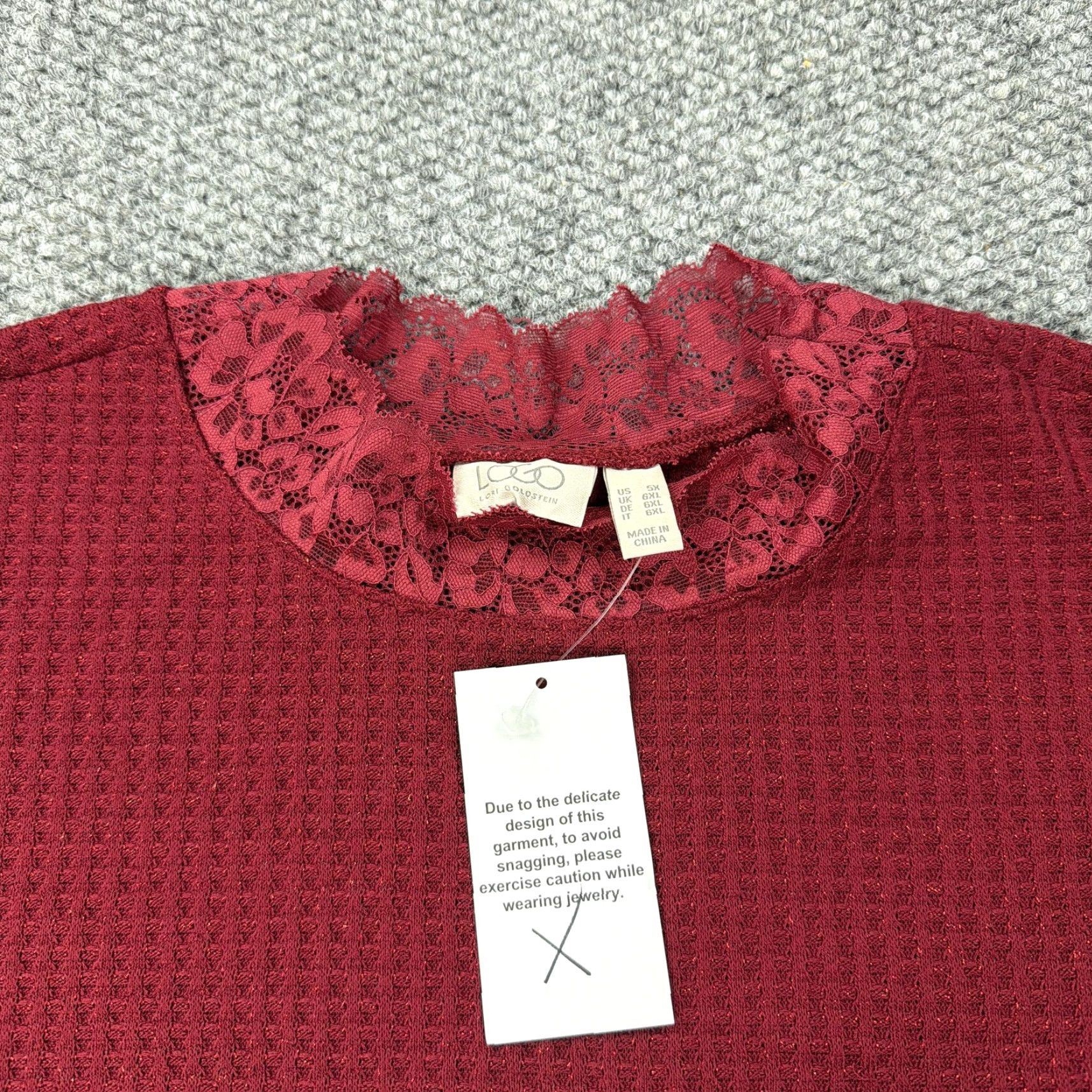 Vintage LOGO Lori Goldstein Sweater 5X Red Mock Neck Waffle Knit Lace Womens Size XXL / US 16-18 / IT 52-54 - 4 Thumbnail