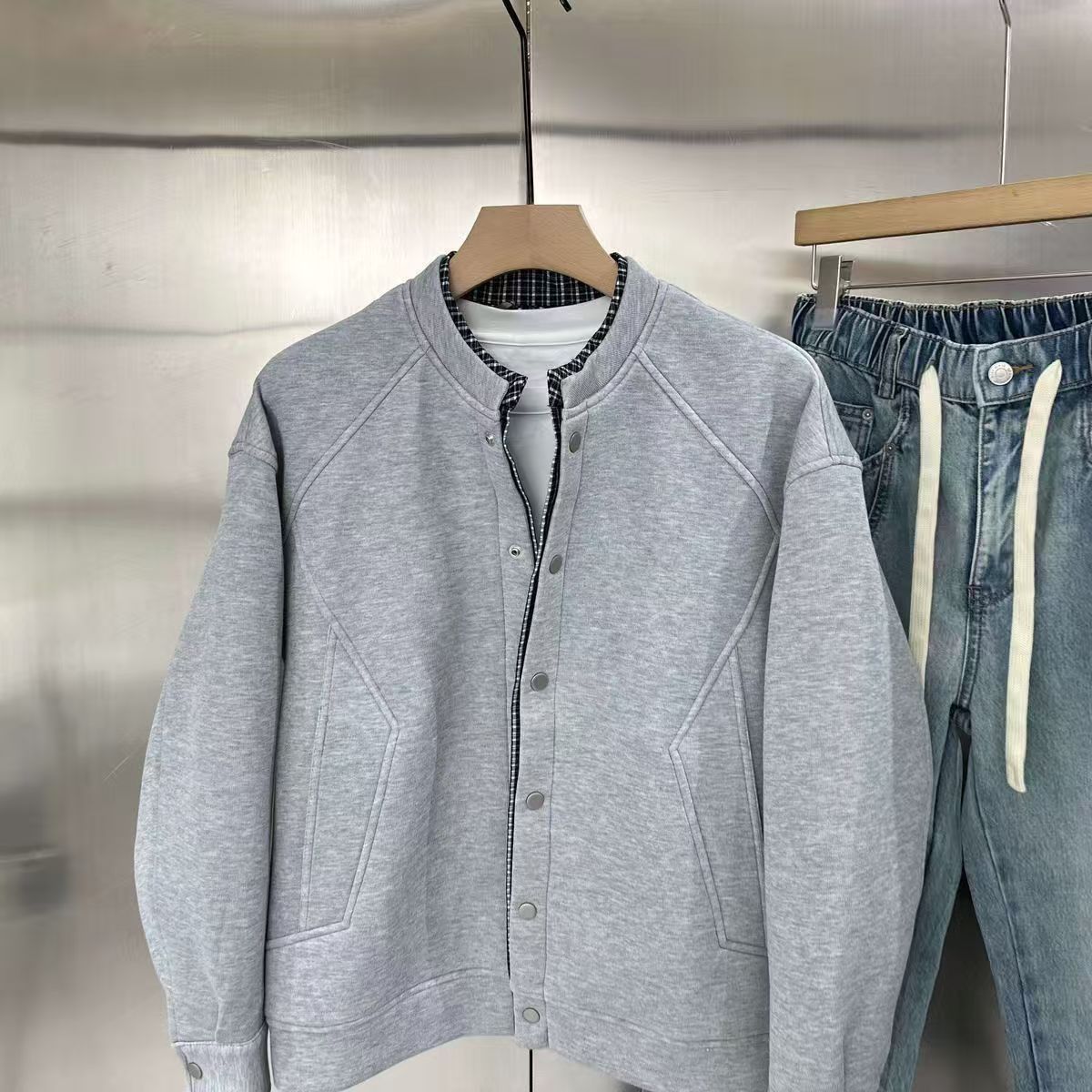 Vintage Grey Plaid Trim Bomber Jacket Size US M / EU 48-50 / 2 - 2 Thumbnail