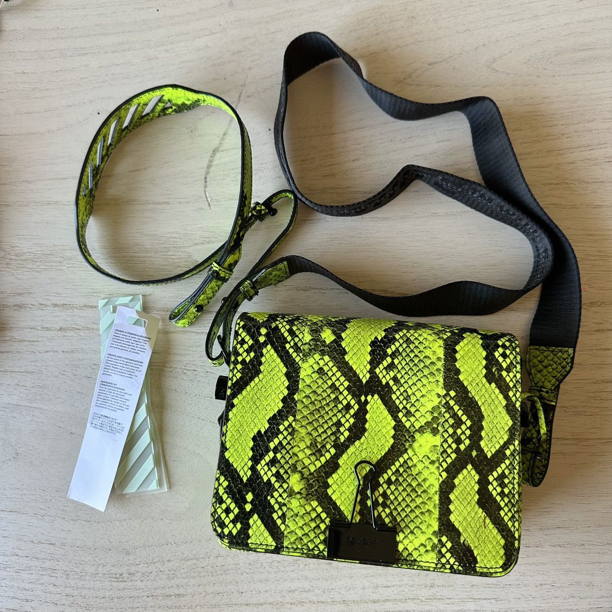 image of Off White Off-White Green Python Snake Binder Clip Bag, Women's