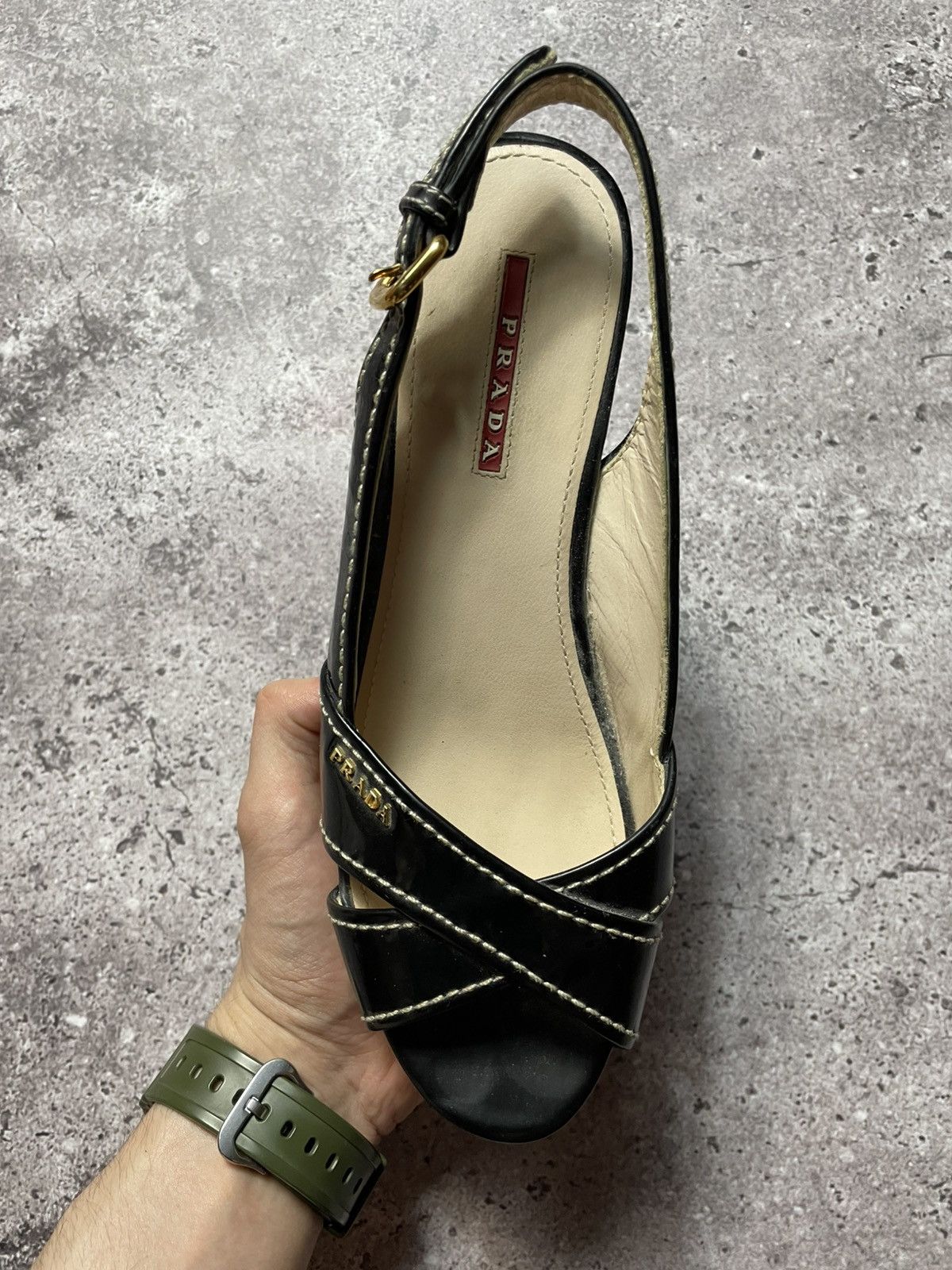 Prada PRADA Patent leather wedge sole cork black women's size 37 Size US 7 / IT 37 - 7 Thumbnail